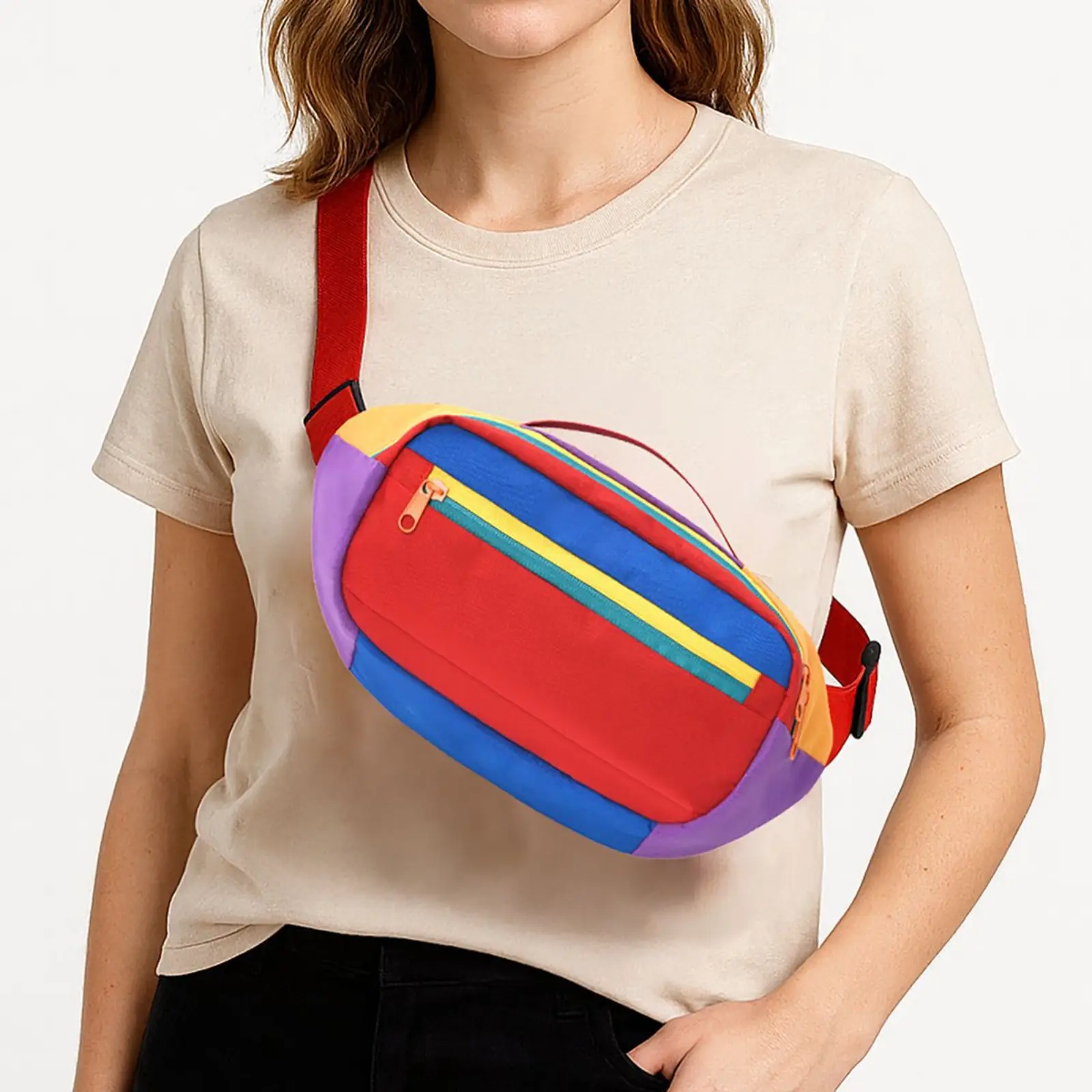 Rainbow Color Block Fanny Pack, Popular Festival Trend Crossbody Belt Bag, Multi Striped Nylon Mini Sling Chest Bag, Quick Release Adjustable Strap Mobile Phone Waist Bag, Multi Zipper Lightweight Waterproof Bag for Outdoor Running Travel Party