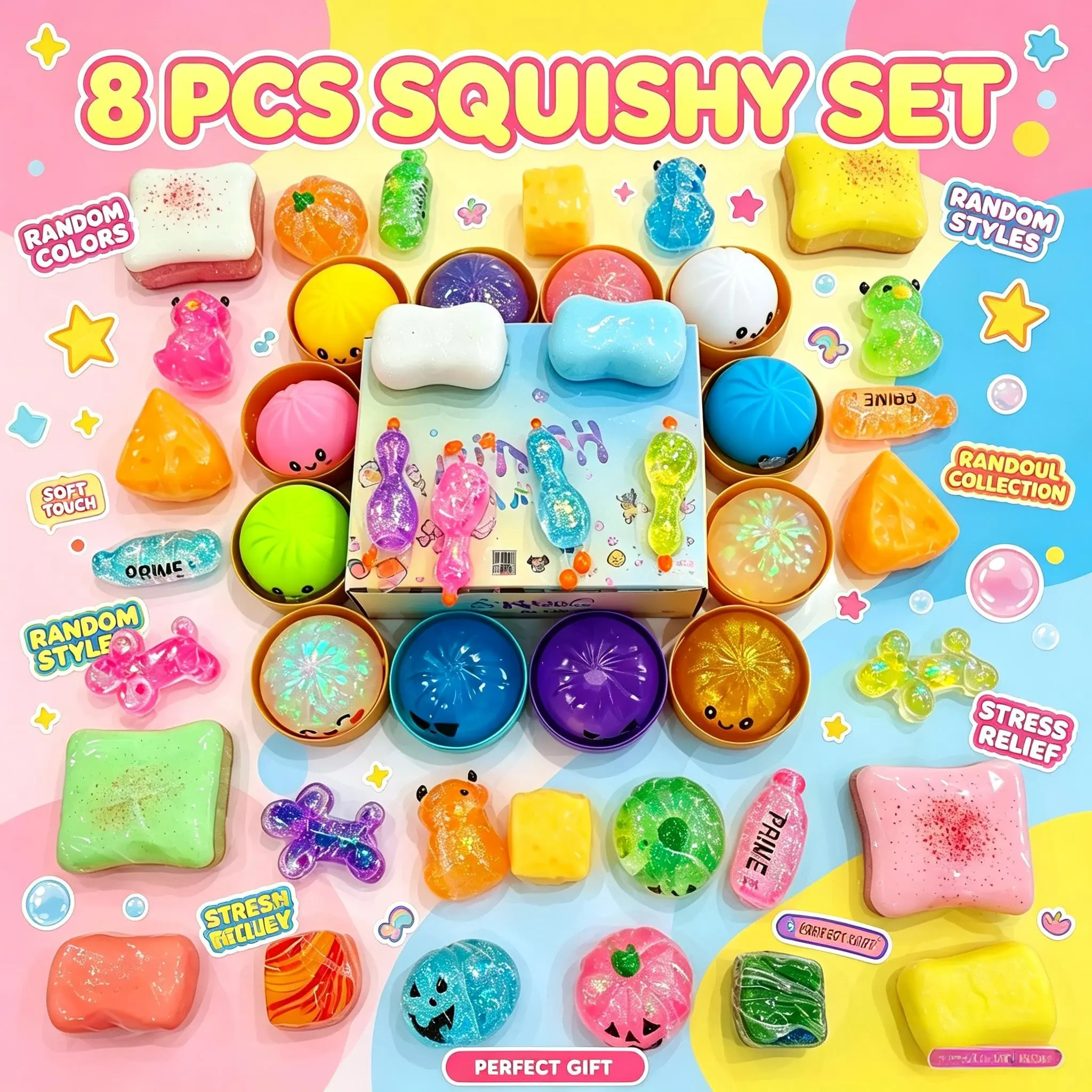 8-Piece Stress Relief Toy Set, Sensory Kit, Creative Slow-Return Gummies, Party Gift, Mystery Surprise Box, Random Colors