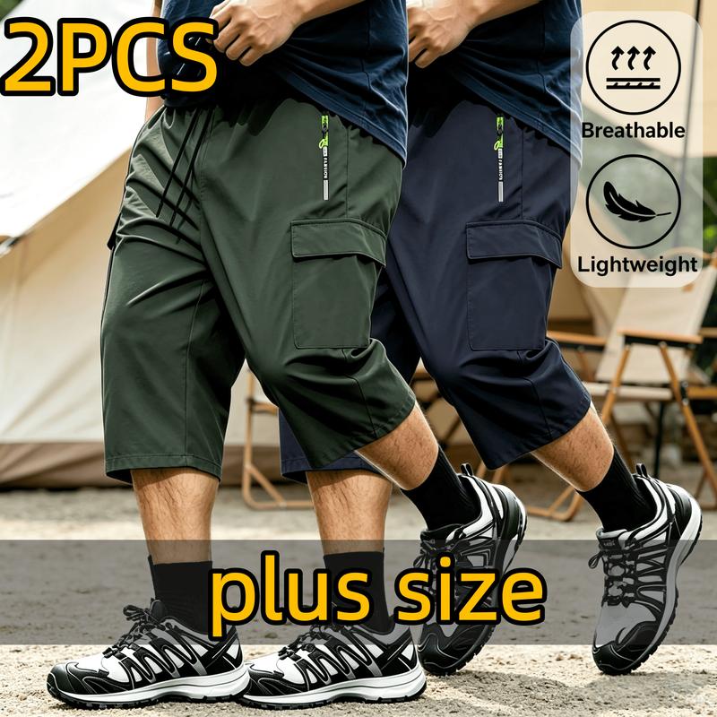 2PC Large Size Men's Sports Workwear Cropped Pants, with Large Pocket Printed Zipper, Fashionable Thin and Breathable Workwear Pants, Suitable for Daily Wear, Sports, Outdoor Fitness and Exercise, Etc