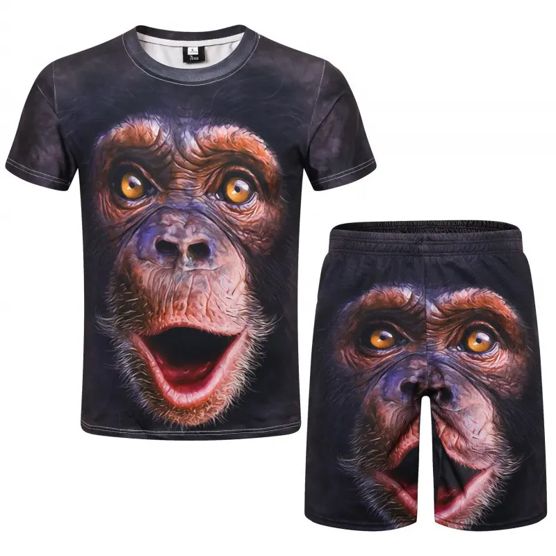 Men's 3D Digital Monkey Print Funny Novelty Short Sleeve 2Pcs Set European American Viral Hit Loose Casual Summer Streetwear Matching Suit For Guys funny graphic tee summer fits meme shirts