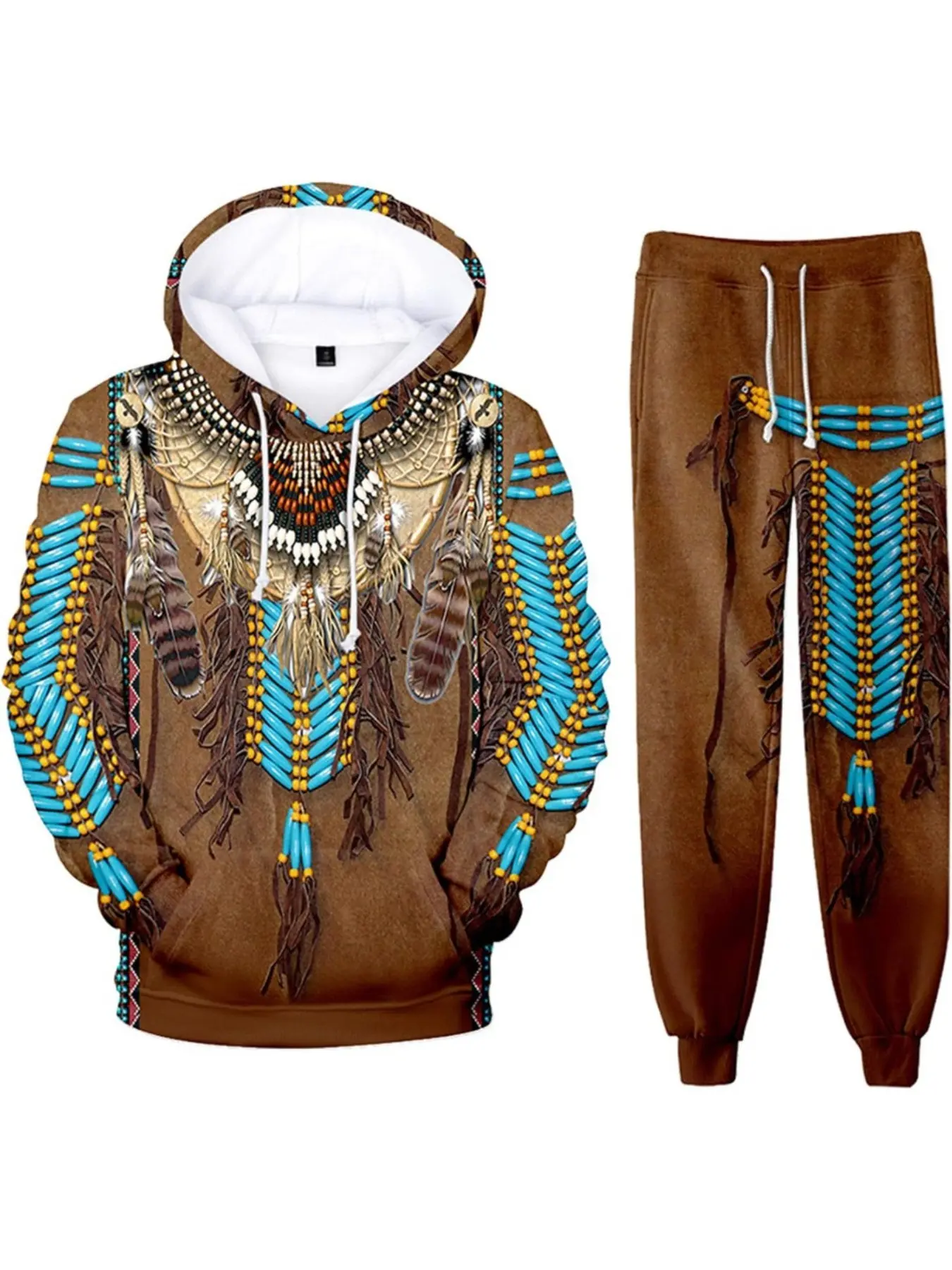 Indigenous Ethnic Style Beaded Feather 3D Printed Long Sleeve Hoodie & Jogger Pants Set