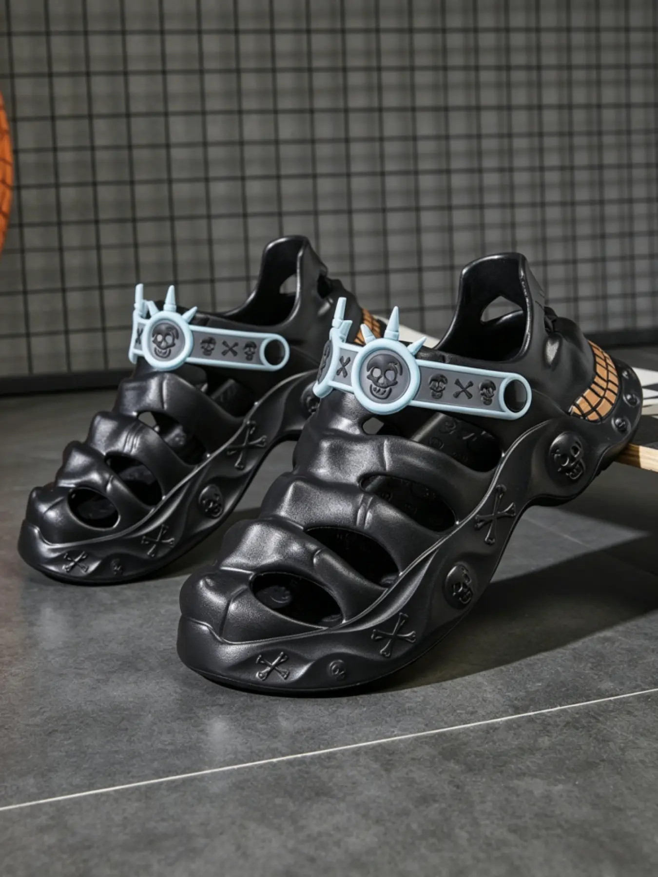 1 Pair Men Skull Dual Wear Sandal Clogs | Dark Tech Street Cool Style, Hollow Breathable One-piece EVA, Adjustable Skull Strap Shock Absorb Anti-slip Sole For Outdoor Beach Camping Daily