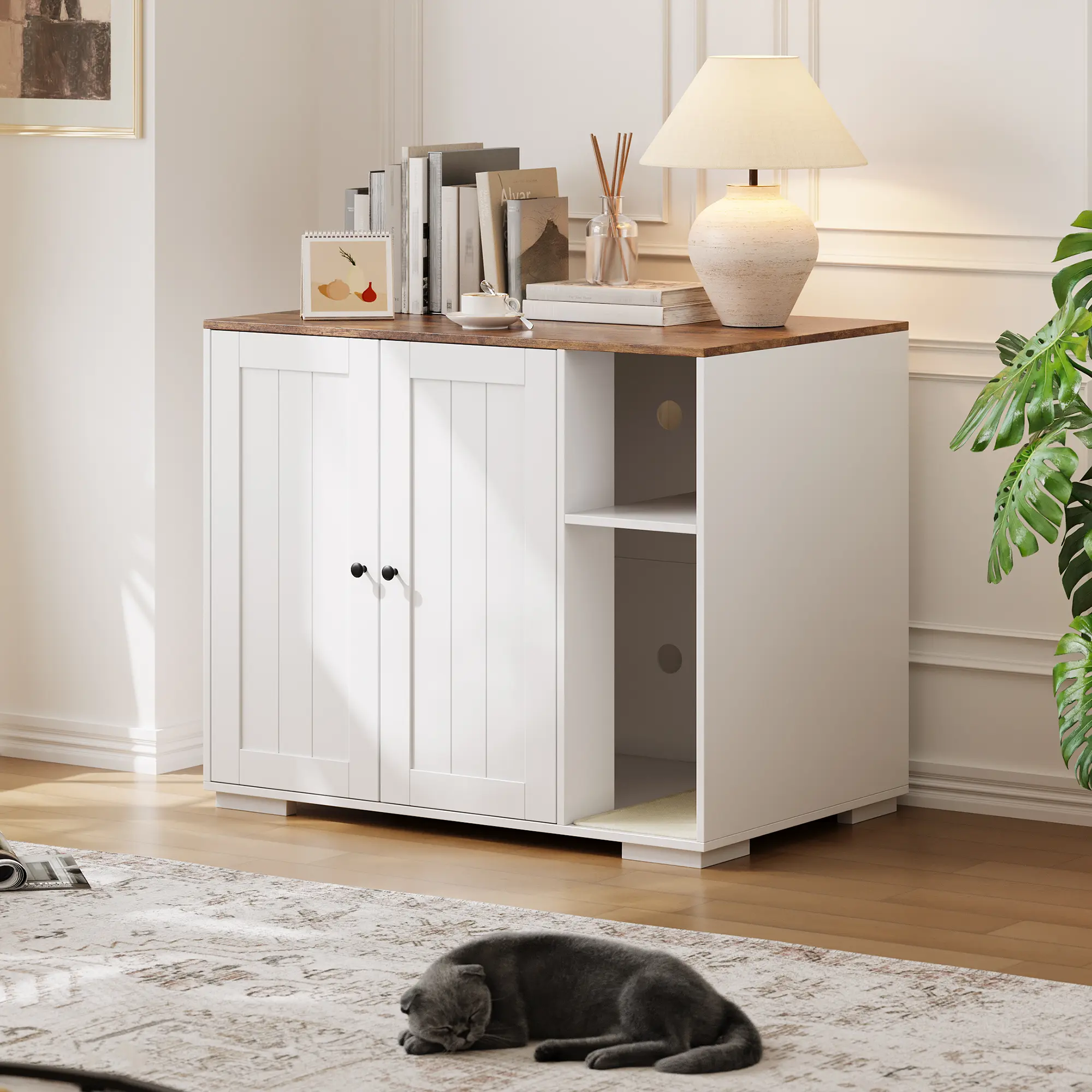 Large Cat Litter Box Enclosure – Hidden Cabinet Side Table with Power Outlet, Dog-Proof Door & Odor Control, Fits Automatic Robot Litter Boxes