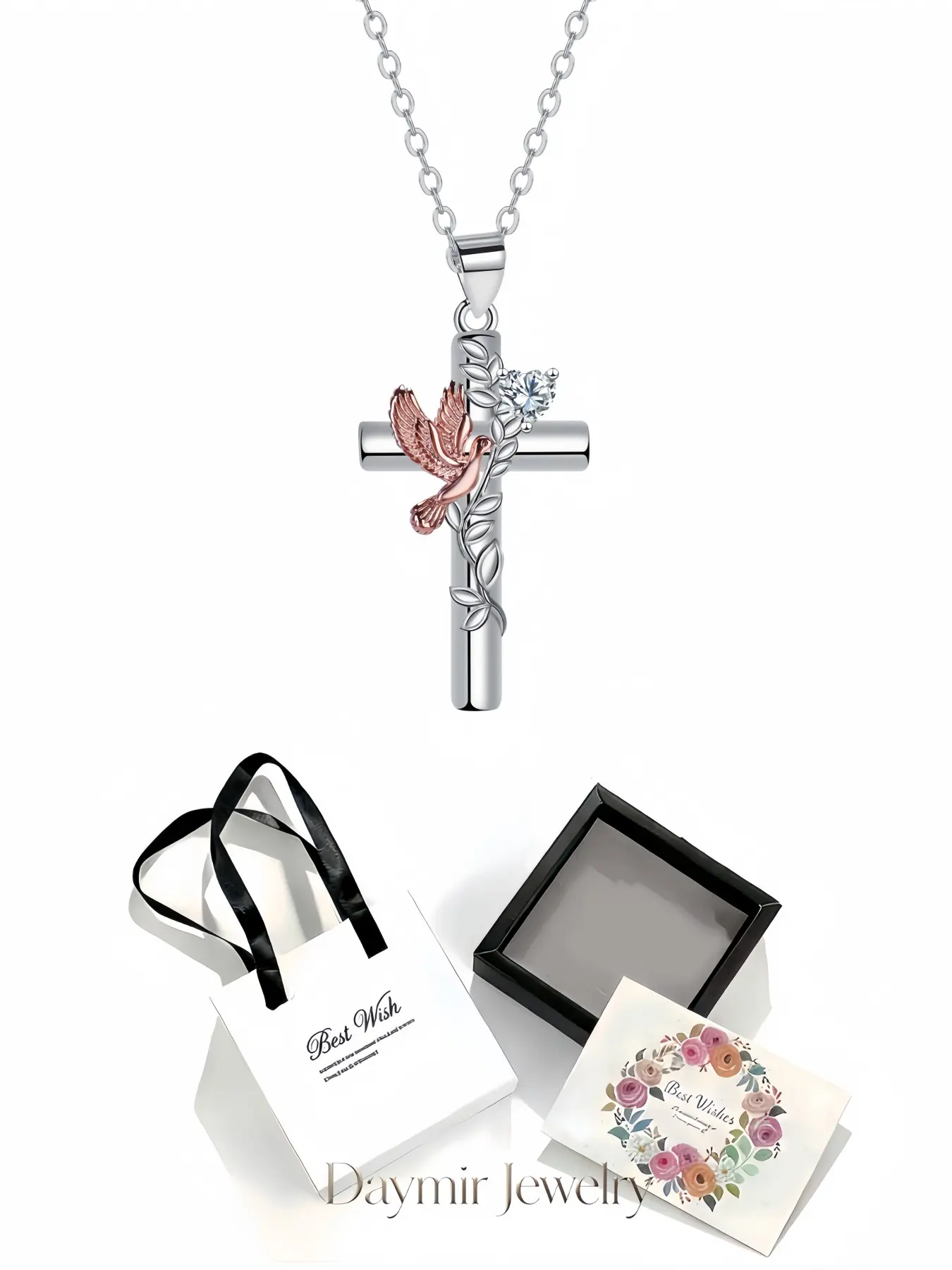 Dove Wing Cross Necklace, minimalist premium pendant inlaid with gemstones for women. Paired with an elegant drawer jewelry box, ideal gifts for birthdays, Mother’s Day, Valentine’s Day, Christmas and anniversaries.