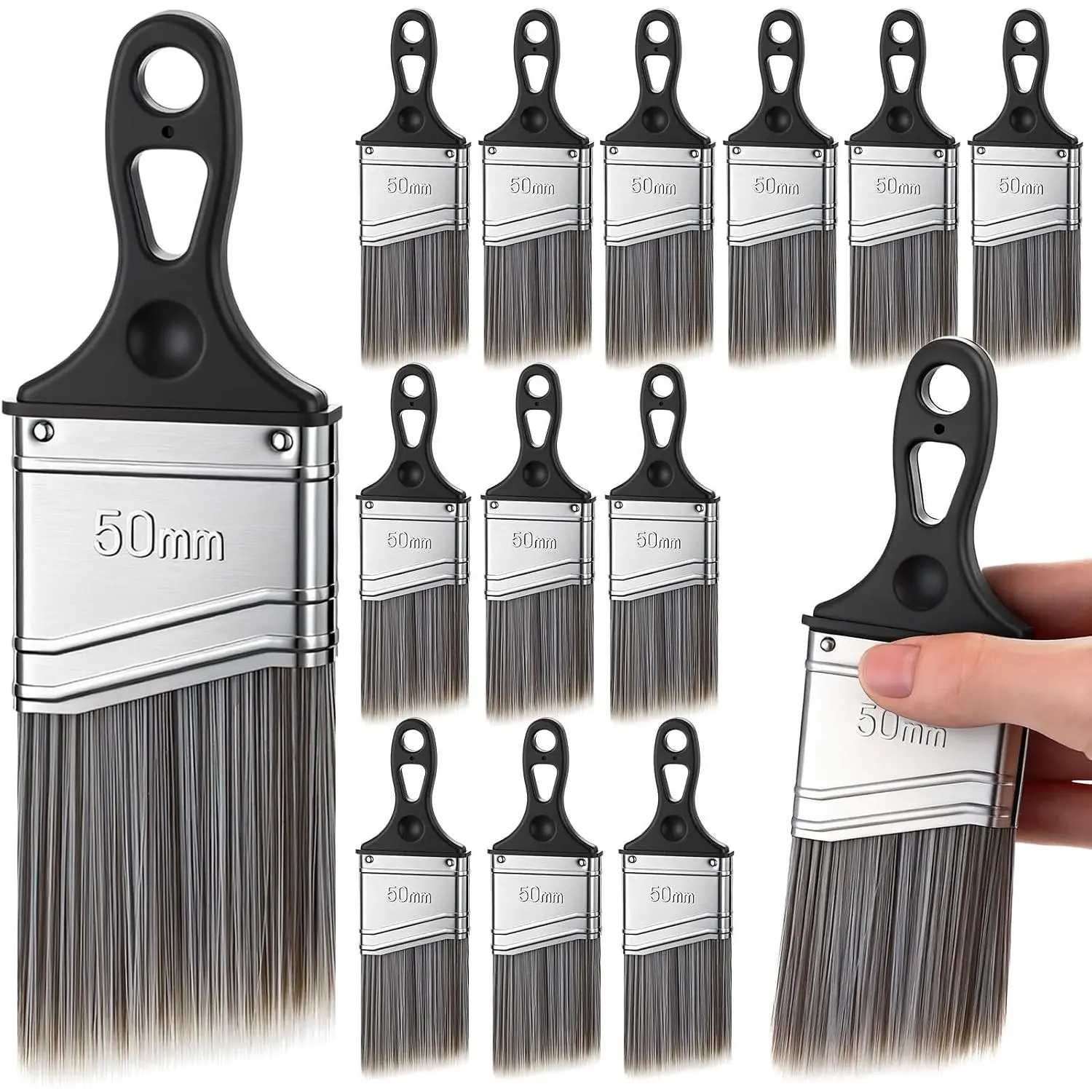 12 Pack 2 Inch Short Angle  Brush Bulk Easy to Grip Rubber Short Handle Synthetic Bristles  Brushes for Painting Walls, Cabinets, Sash, Cut in, Trim (Black)