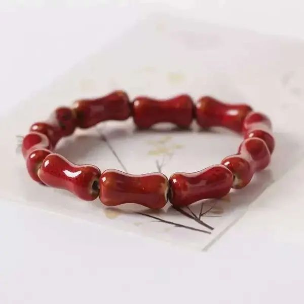 Female Vibrant Red High-Fired Porcelain Bamboo Shape Beaded Bracelet - Handmade Boho Stackable Bangle, Daily Wear Energizing Myanmar Jade Lucky Jewelry Gift