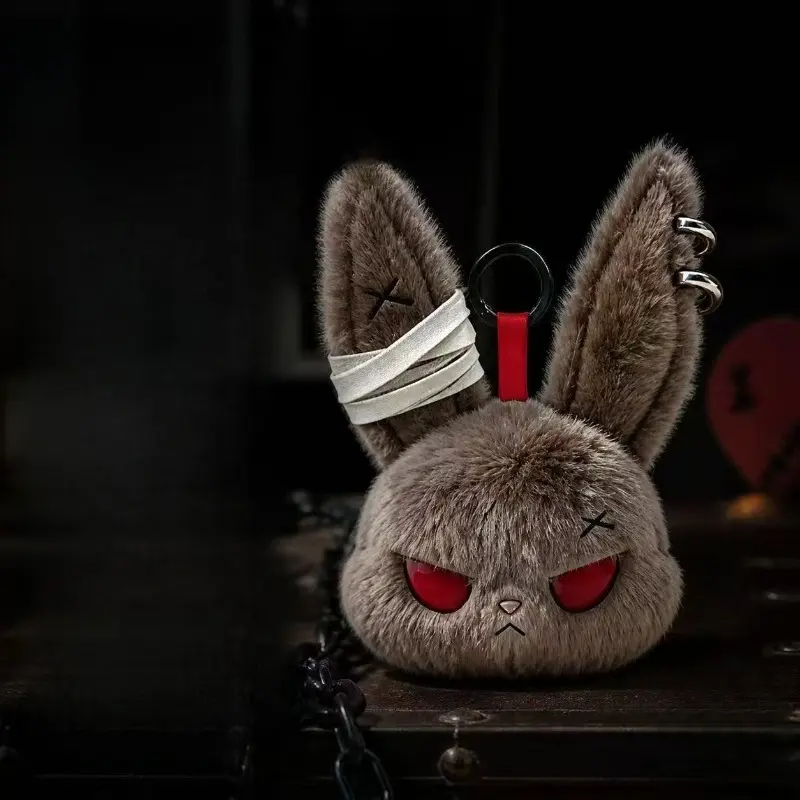 Gothic Bandage Stitch Rabbit Plush Fluffy Bunny Keychain - Dark and Edgy Rabbit Head Bag Accessory, Stylish Plush Animal Women's Key Ring
