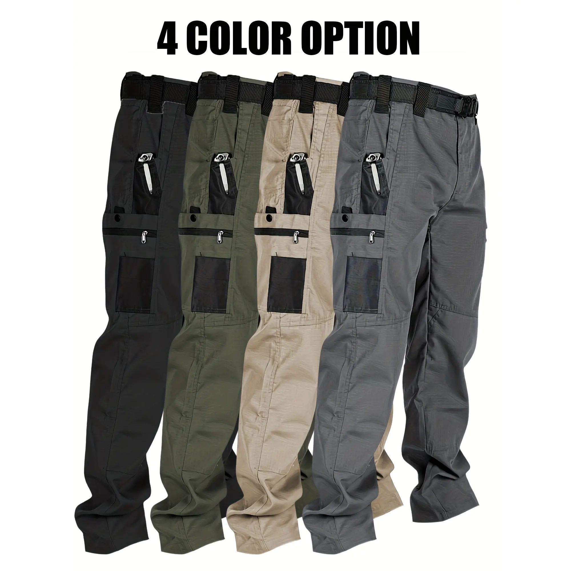 Men's Loose-Fit Polyester Cargo Pants - 230g/m² Durable Fabric, Multi-Pocket, Zipper Pocket, Below Ankle All-Season Tactical Trousers for Hiking, Work, Spring/Fall Casual Wear, Machine Wash