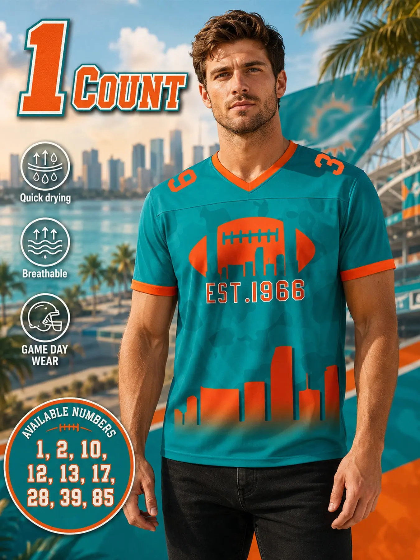 Unisex Retro American Football Jersey, Miami Team Football Rugby Jersey, Quick-Dry, Moisture-Wicking Y2K Blokecore Short-Sleeve Sports Top (S–3XL), Stylish Streetwear for Fans, Perfect for Sports Viewing Parties and Everyday Casual Wear