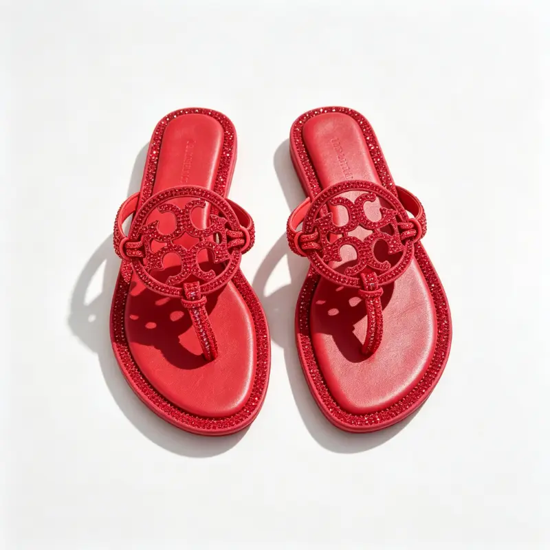 Women Red Rhinestone Hollow Circular Decor Thong Slide Sandals, Fashion Flat Slip-On Flip Flops, Trendy Sandals for Summer Beach, Outdoor Walking, Vacation & Daily Wear | flip flop