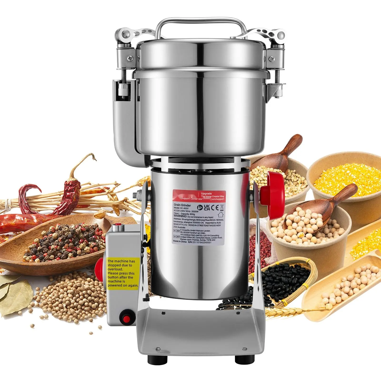 Electric Grain Mill Grinder 1.8 Lb Capacity, High Speed 2100W Stainless Steel Pulverizer Powder Machine For Dry Grains, Spices, Cereals, Coffee, Corn And Pepper, Swing Type, Home Kitchen And Small Business Use