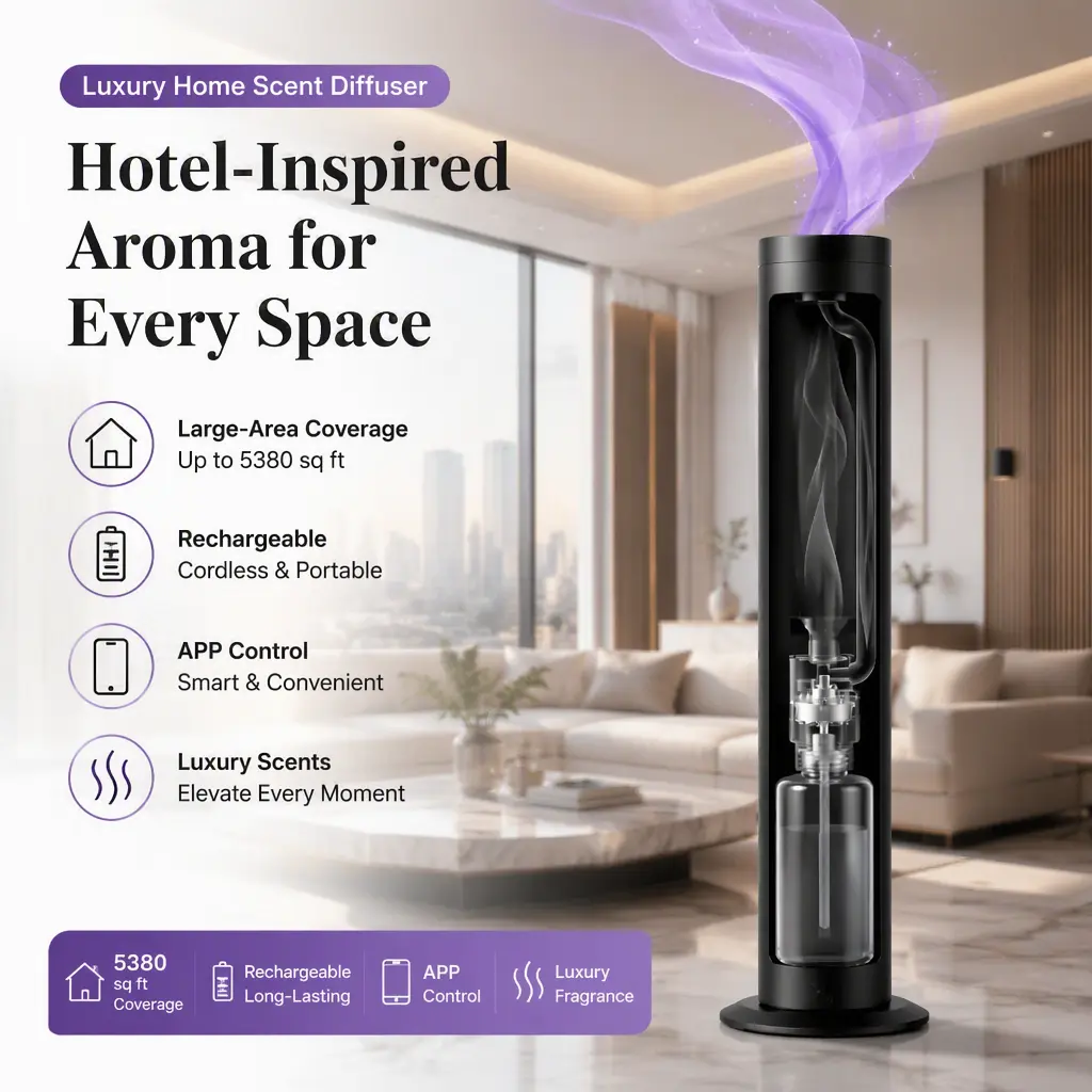 Large‑Capacity Luxury Hotel Scent Diffuser, Rechargeable with APP Control, Covers up to 5380 sq ft, Comes with 8 Premium Essential Oils