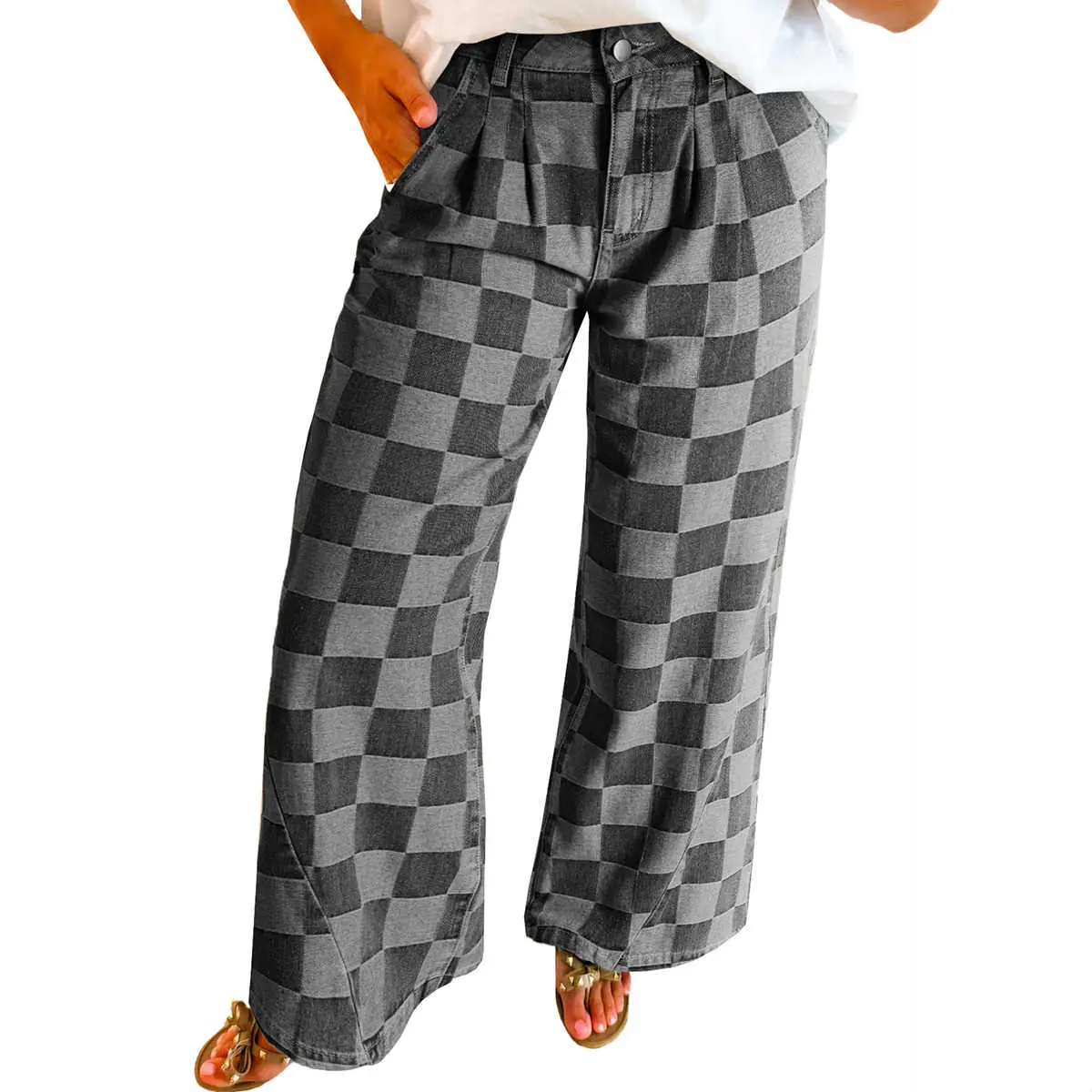 BF Women's Casual Checkered High Waist Jeans, Loose-Fitting Retro Style Wide Leg Cotton Blend Trousers Dark Grey Checkered Denim Wide Leg Jeans