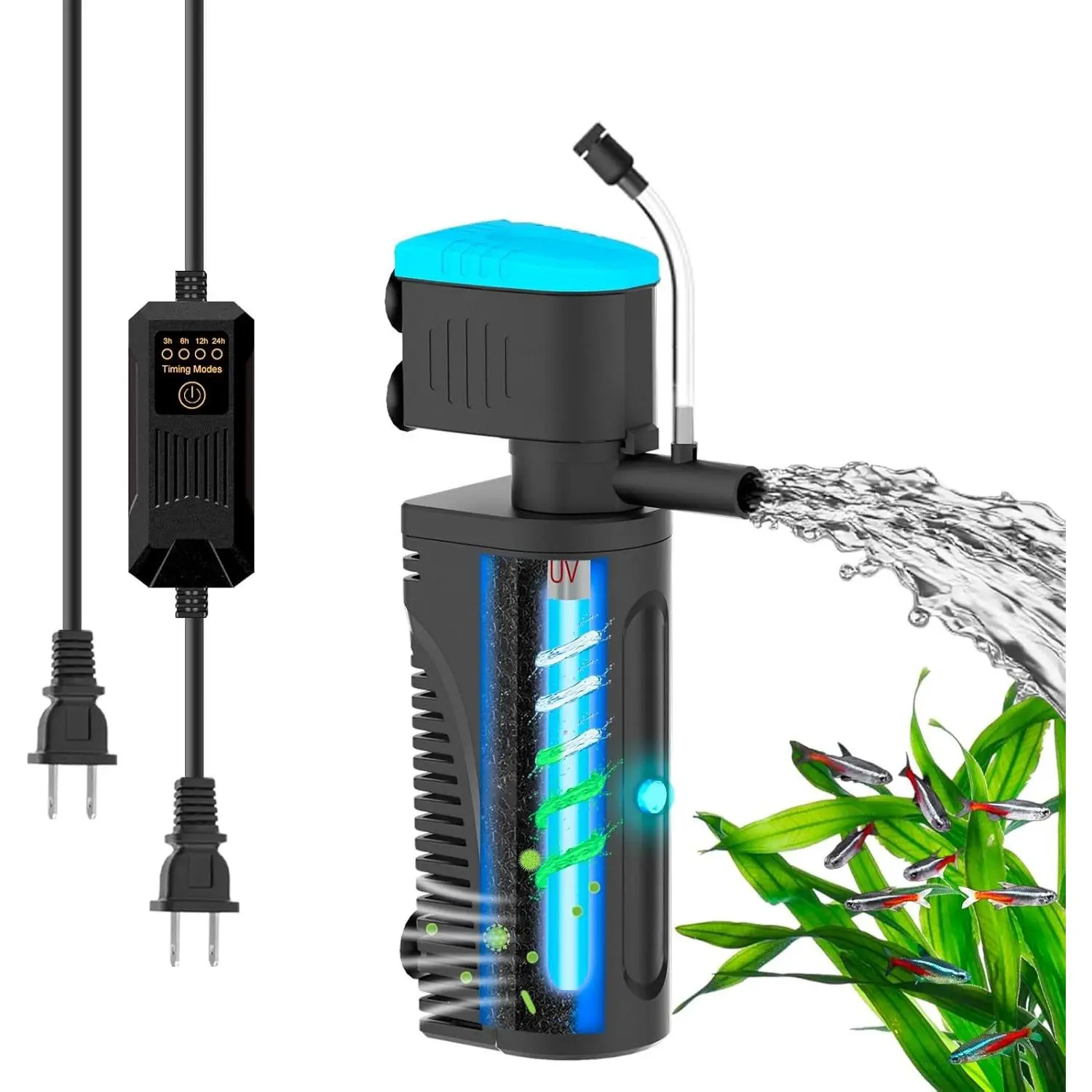 Aquarium Filter with UV Clarifier for Green Water Cleaning, Fish Tank Filter to Remove Algae, Aeration/Rainfall Mode with Timer, Turtle Tank Filter (10-30Gal)