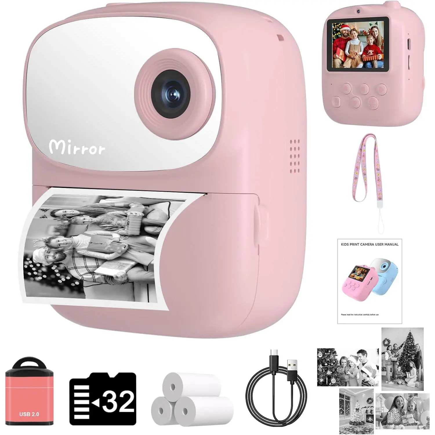Instant Synthetic 2-Lens Selfie Digital Camera (Model 1) with 2.4" Screen, Mirror, Memory Function, 3 Rolls Print Paper, 32GB Card, Holiday/Birthday Gifts for Kids, Thermal Print