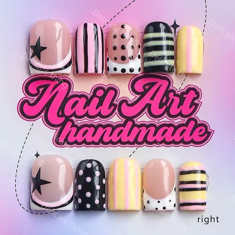 Y2K Square Nails, 10 Fingers Per Set, Handmade, XS-S-M-L Sizes, Perfect for Parties, Dates, Gifts, Includes Glue, Pusher, File, Nail Art Products