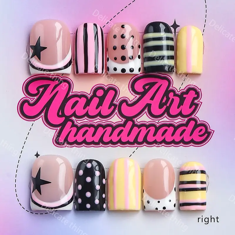 Y2K Square Nails, 10 Fingers Per Set, Handmade, XS-S-M-L Sizes, Perfect for Parties, Dates, Gifts, Includes Glue, Pusher, File, Nail Art Products