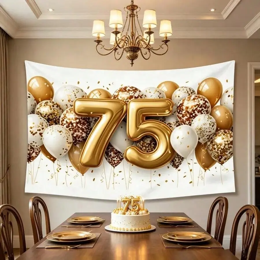 75th Birthday Ceremony Backdrop Banner Elegant Celebration Decor Polyester Fabric Background Wall Hanging Photo Booth Prop Party Decoration Studio Photography Event Indoor Outdoor Anniversary Festive Scene Room Display