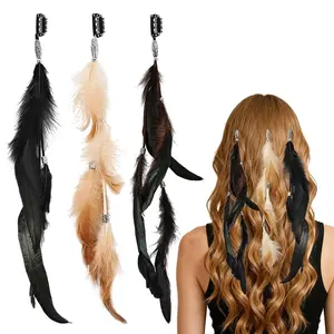 3 Pcs Boho Clip-in Feather Hair Extensions for Women, Hair Accessories for Mardi Gras, Carnival Party, Performances, Photo Shoots, Brown Black Dark Coffee