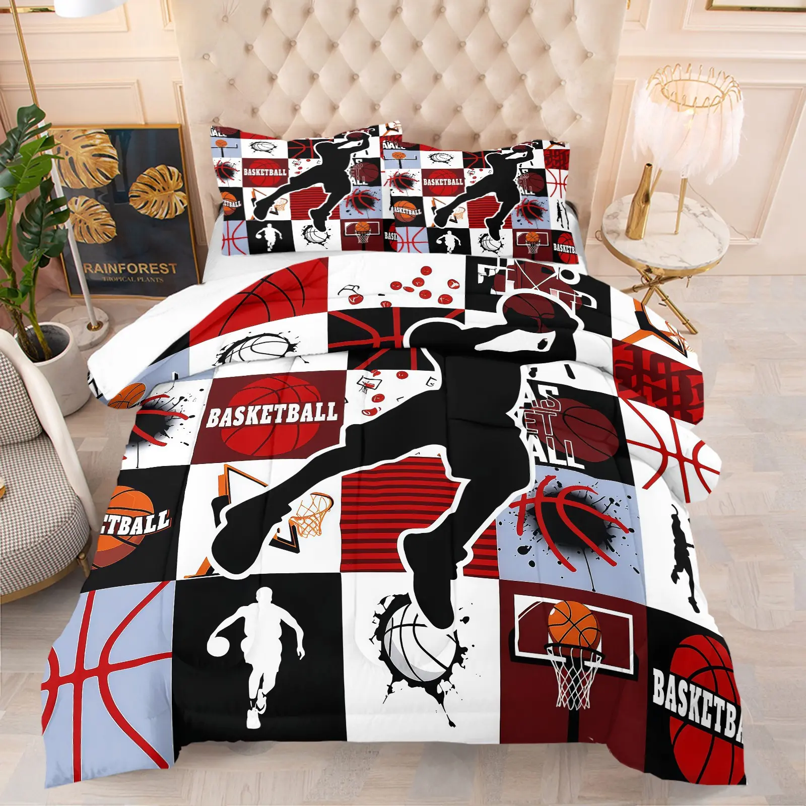 Basketball Sports Pattern Comforter Set, Soft And Comfortable Theme Bedding Set, Soft Bedding Sets, Including 1 Comforter And 1 Or 2 Pillowcases Without Pillow Core, Suitable For Bedrooms, Dormitories, And Guest Room Decoration Supplies For Teenagers