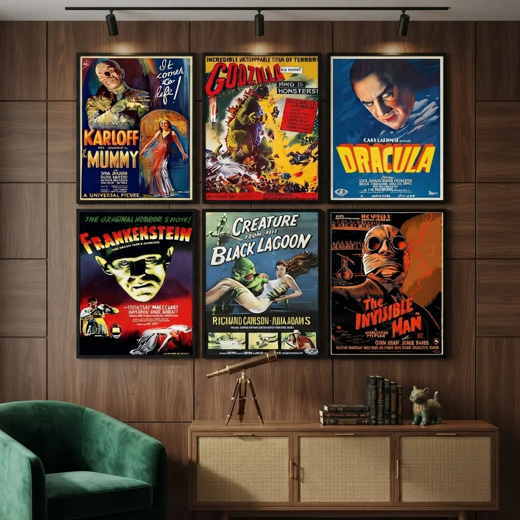 6-Piece Vintage Horror Movie Wall Art Set, Retro Classic Monster Posters for Bedroom, Home Theater, Game Room or Halloween Decor