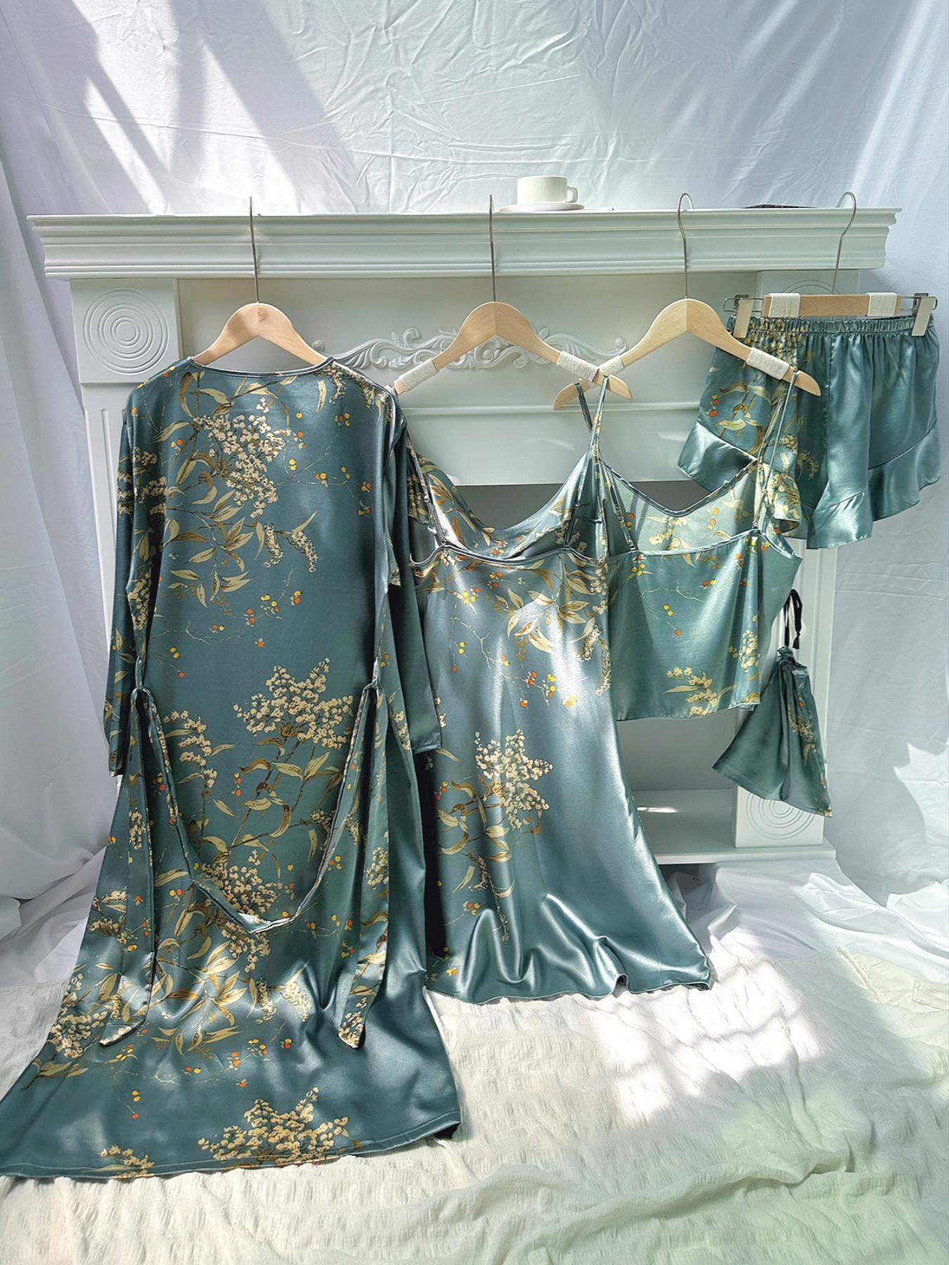 5 Counts Women's Floral Print Satin Pajama Set, Elegant Belted Robe & Cowl Neck Cami Dress & Camisole & Ruffle Shorts & Bag, Women Sleepwear for All Seasons, Summer Outfits, Satin Pyjama Set