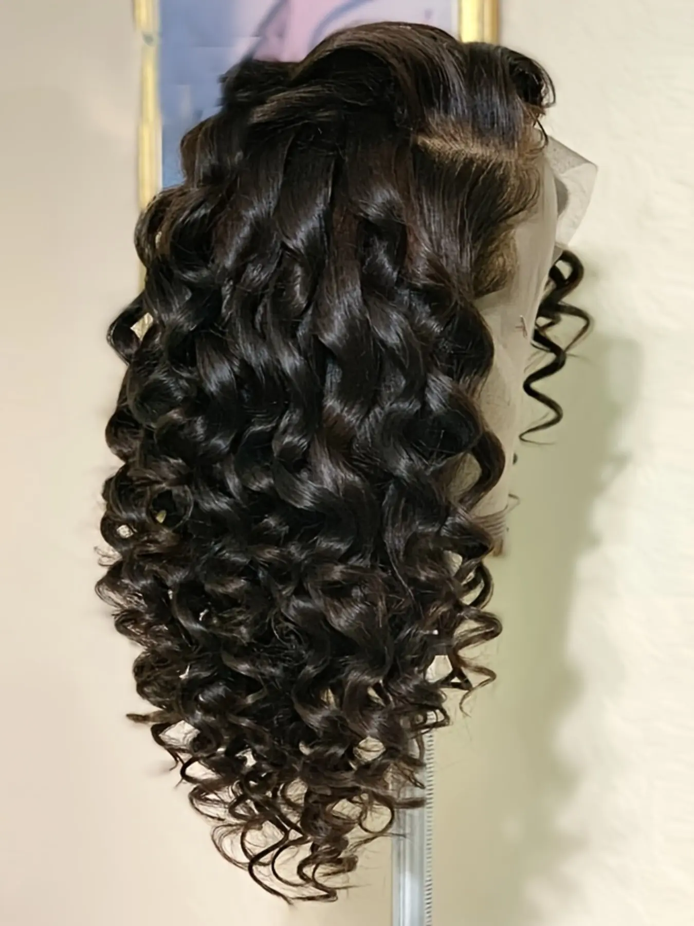 Soft Long 26-Inch 180 Density Natural Black Deep Wave Curly Lace Front Wig, Glueless Pre-Plucked Heat Resistant Synthetic Daily Wear Hairpiece Deep Wavy Curly