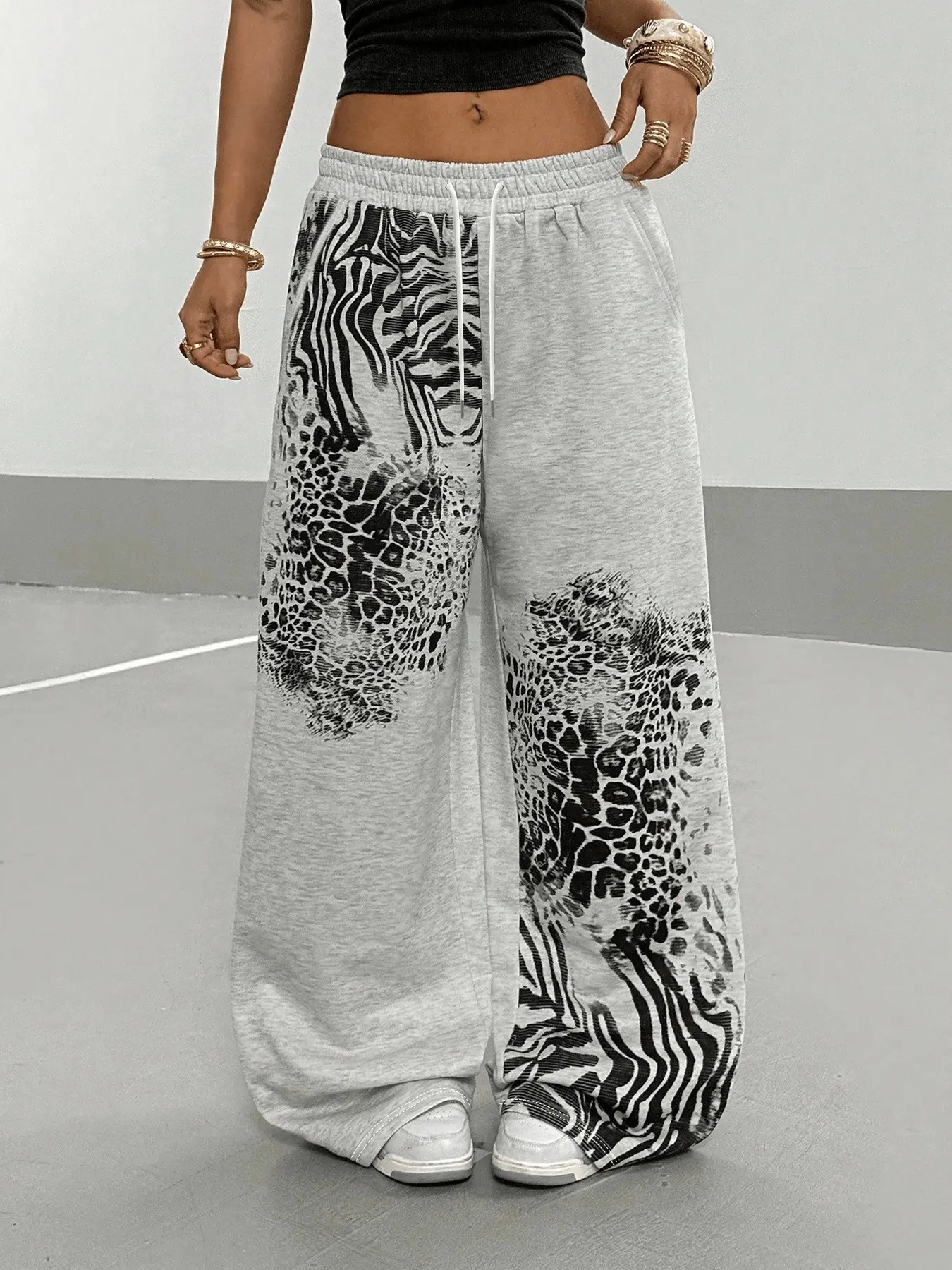 Women's Bottoms, Pants, Loungewear, Casual Sweatpants, Zebra Leopard Print Pants, Wide Leg Sweatpants, Elastic Drawstring Loose Baggy Gray Streetwear Hip Hop Sweat Trousers For Women