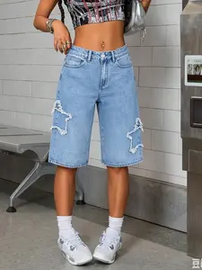 Women's Bermuda Shorts, Unstretched Wide Leg Raw Wash Denim, Star Pattern Design, Comfortable Fabric, Summer Casual Fashion, Best Selling Jorts