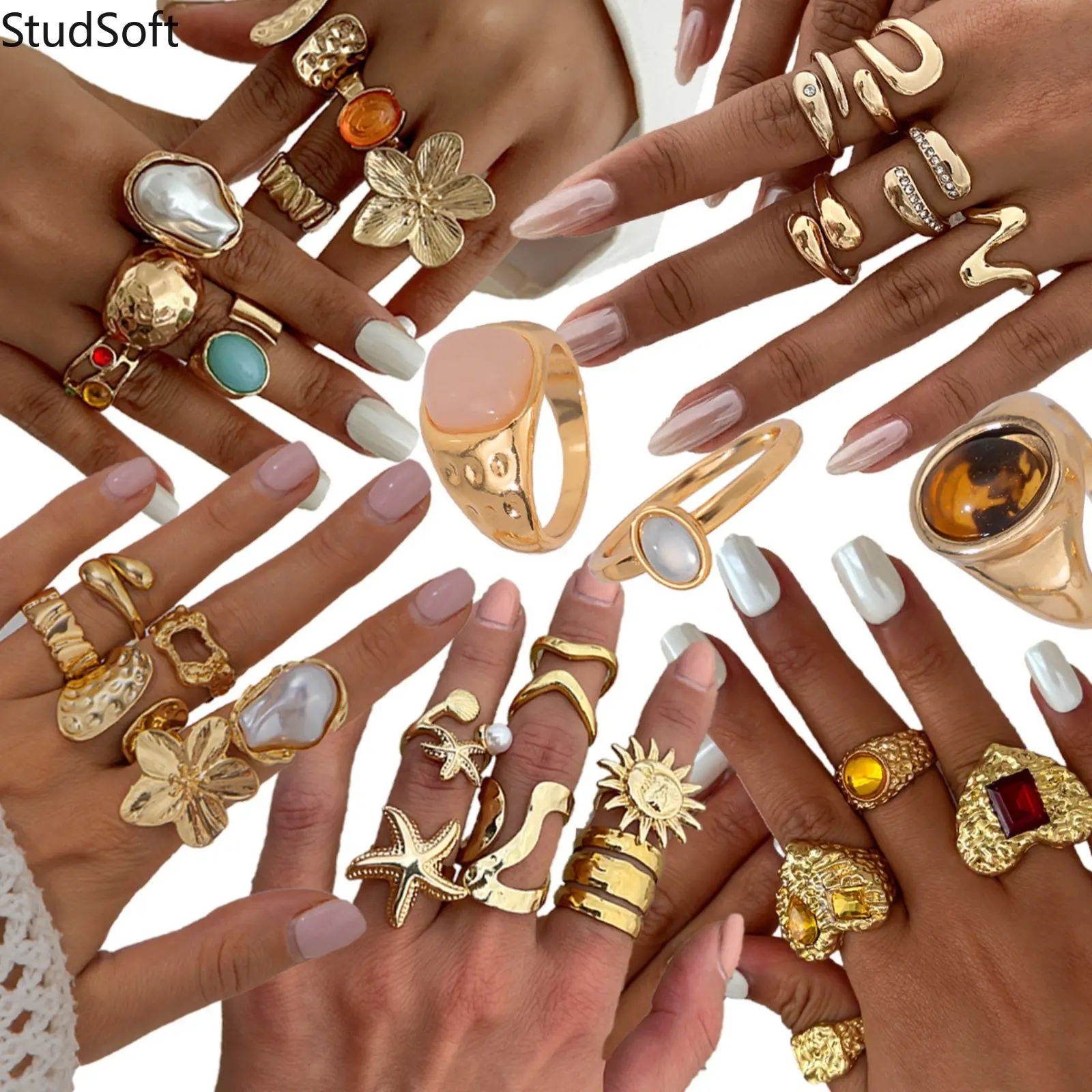 Boho Gold Ring Set for Women, Chunky Stackable Statement Jewelry with Crystal, Pearl, and Geometric Designs, Aesthetic Gift, Stackable Rings, Crystal Pearls, Geometric Shapes
