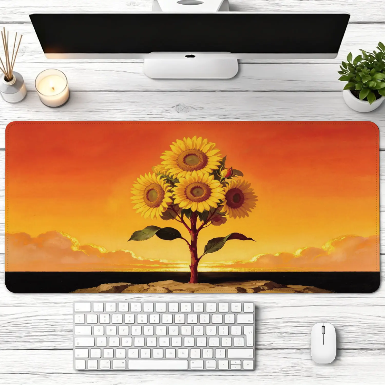 Extra Large vibrant sunflower bouquet sunset landscape art Mouse Pad,Non Slip Rubber Pad,Desktop Decoration Drotection Pad,Washable,Lock Edge Multi Size,Premium Multipurpose Mousepad For Office,Study,Gift for Family and Friends
