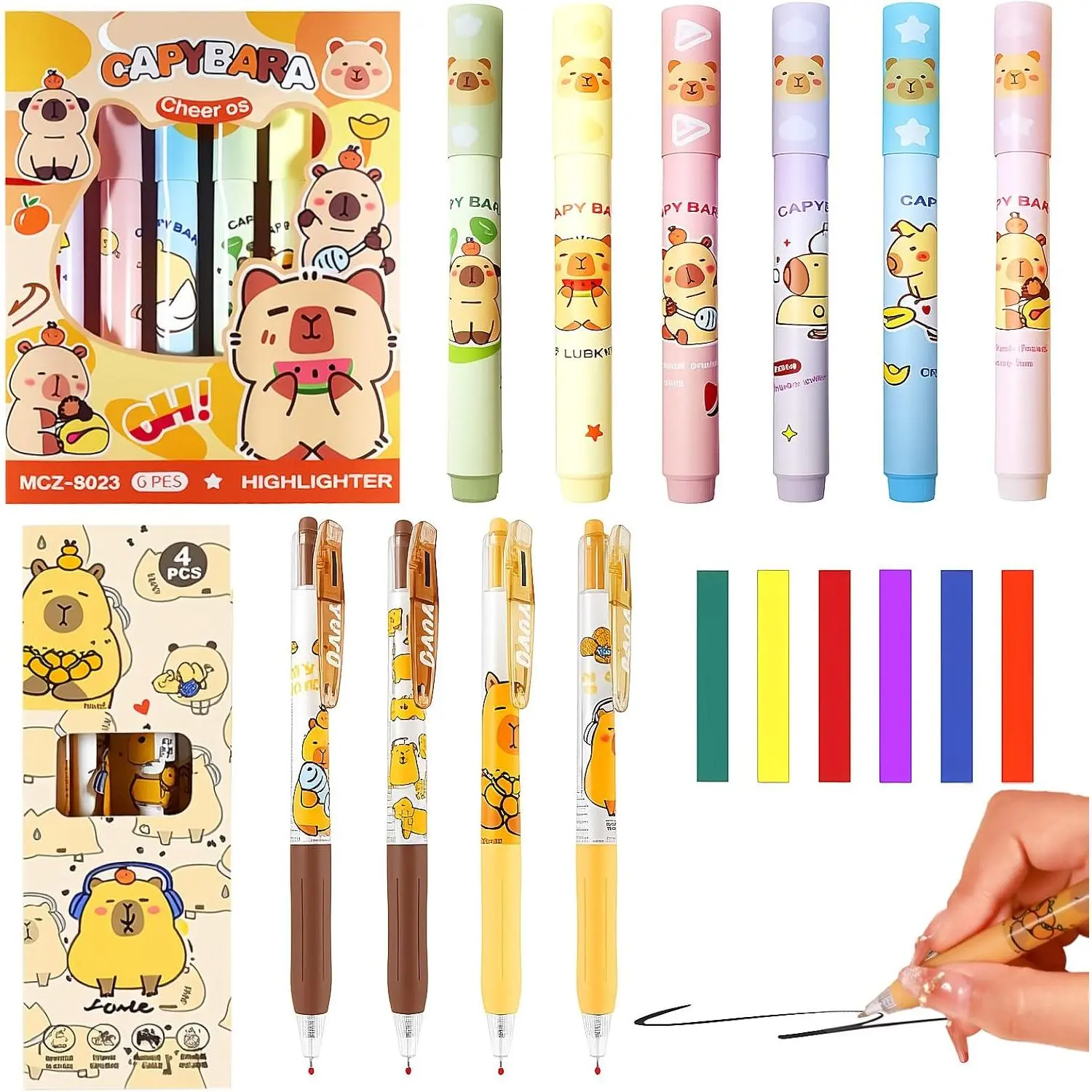 Cute Pens and Highlighters Set 4 count Cute Capybara Pen 0.5mm Black Ink Pen Writing Pens,6Pcs Cute Capybara Highlighters Marker Cute Capybara Pastel Highlighter Marker Pens for Office Supplies Women Men