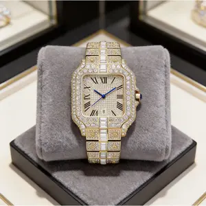 Luxury Gold Square Diamond Watch for Men/Women – Fully Iced Out Rhinestone Stainless Steel Bracelet Watch, Roman Numeral Dial, Blue Hands, Elegant Fashion Dress Wrist Watch