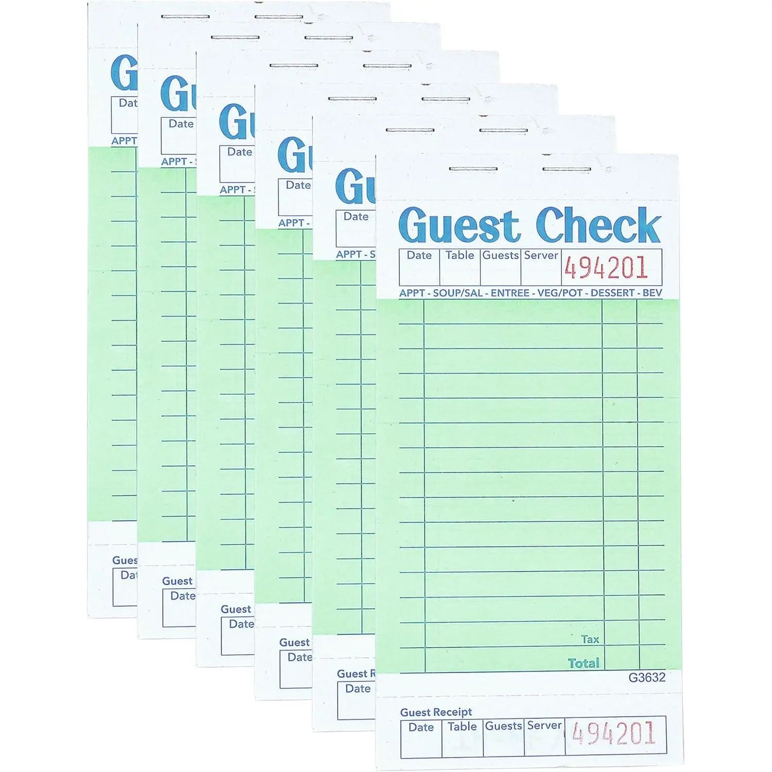 Budgenix 6-Pack Versatile Green Guest Check Server Note Pads, 50 Sheets Each (300 Total Orders), Perforated Bottom Receipt, Dotted Lines, Synthetic Material for Restaurants Small Businesses
