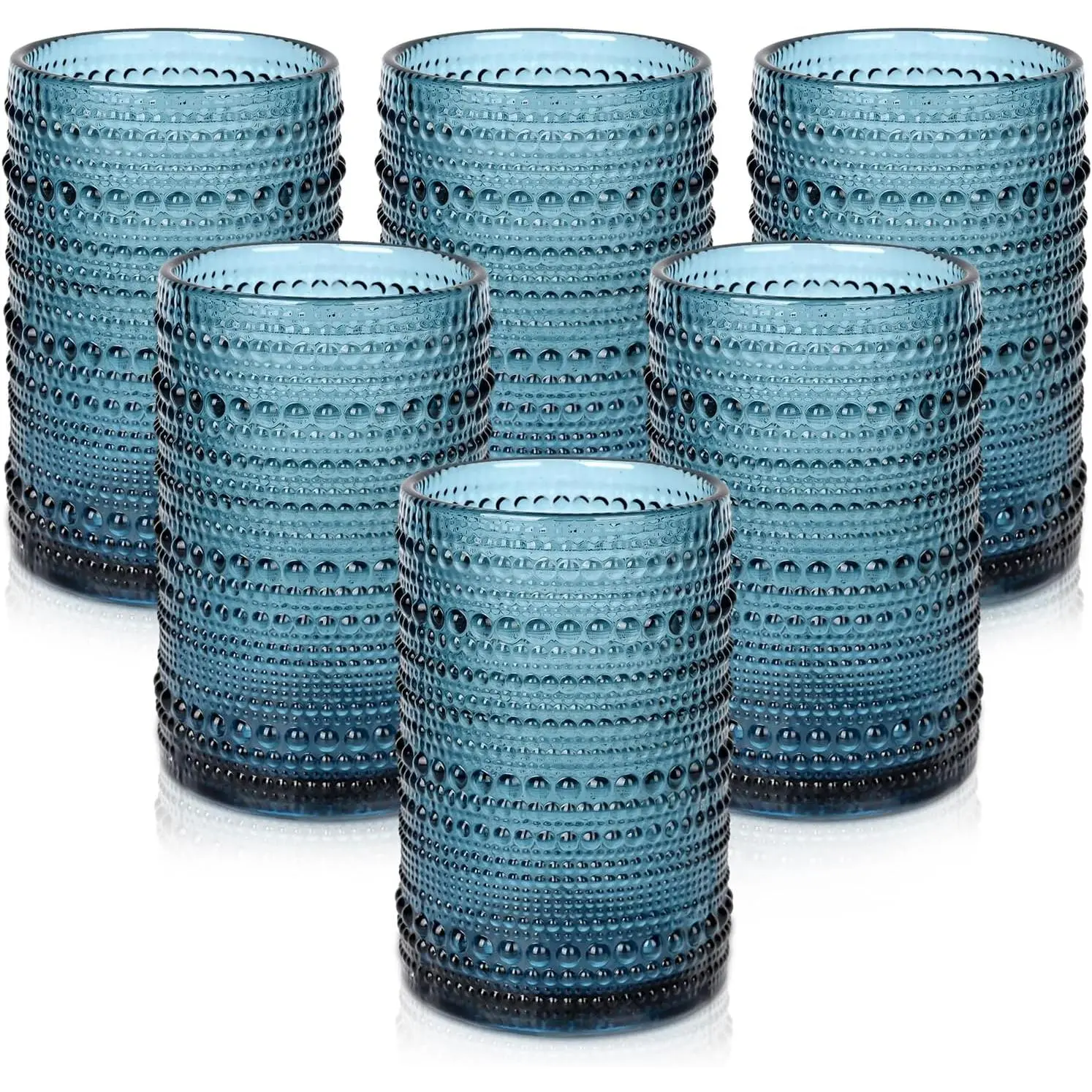 Drinking Glasses Set of 6,15 oz Blue Hobnail Glass Cups |   Vintage Glassware,Embossed Water Tumbler,for Beer,Cocktail,Whiskey,Juice and Various Mixed Drinks- 1 Cleaning Brush