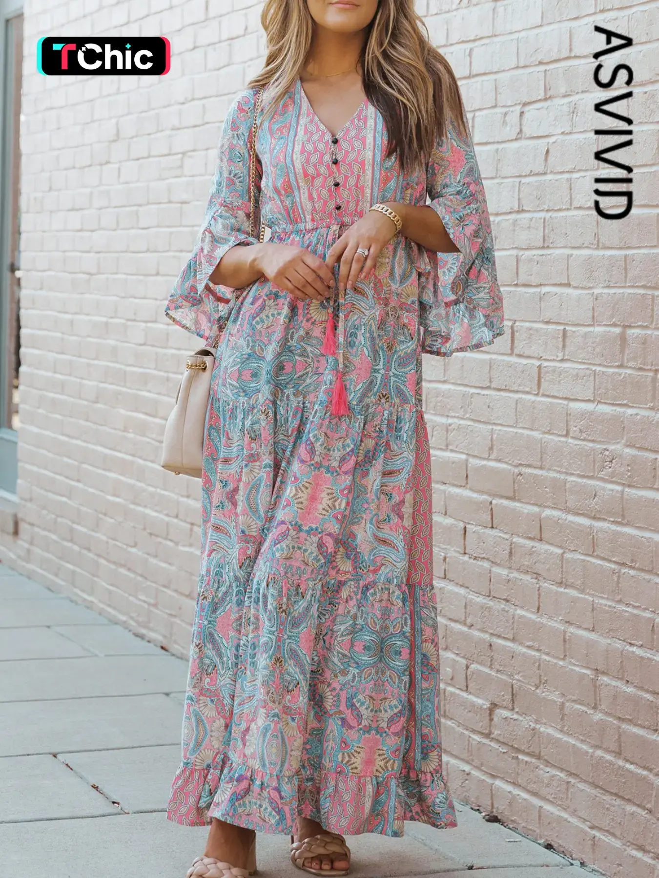Women's All Over Paisley Print Button Front Ruffle Hem A Line Dress, Boho Fashion Drawstring V Neck Long Sleeve Dress for Daily Holiday Vacation Wear, Women Dress for Fall & Winter,  Wedding Guest Dresses