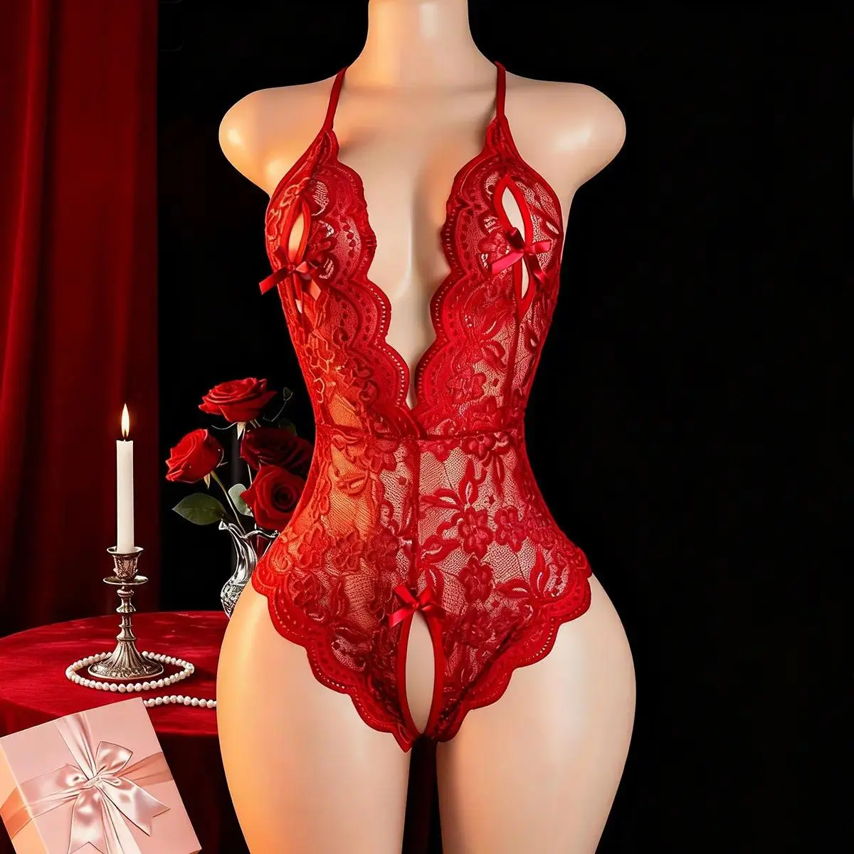 Haltered Deep V Cut Teddy Bodysuit for Women, Floral Lace Lingerie with an Open Back and Bow Detail, Floral Print, Open Back Bow