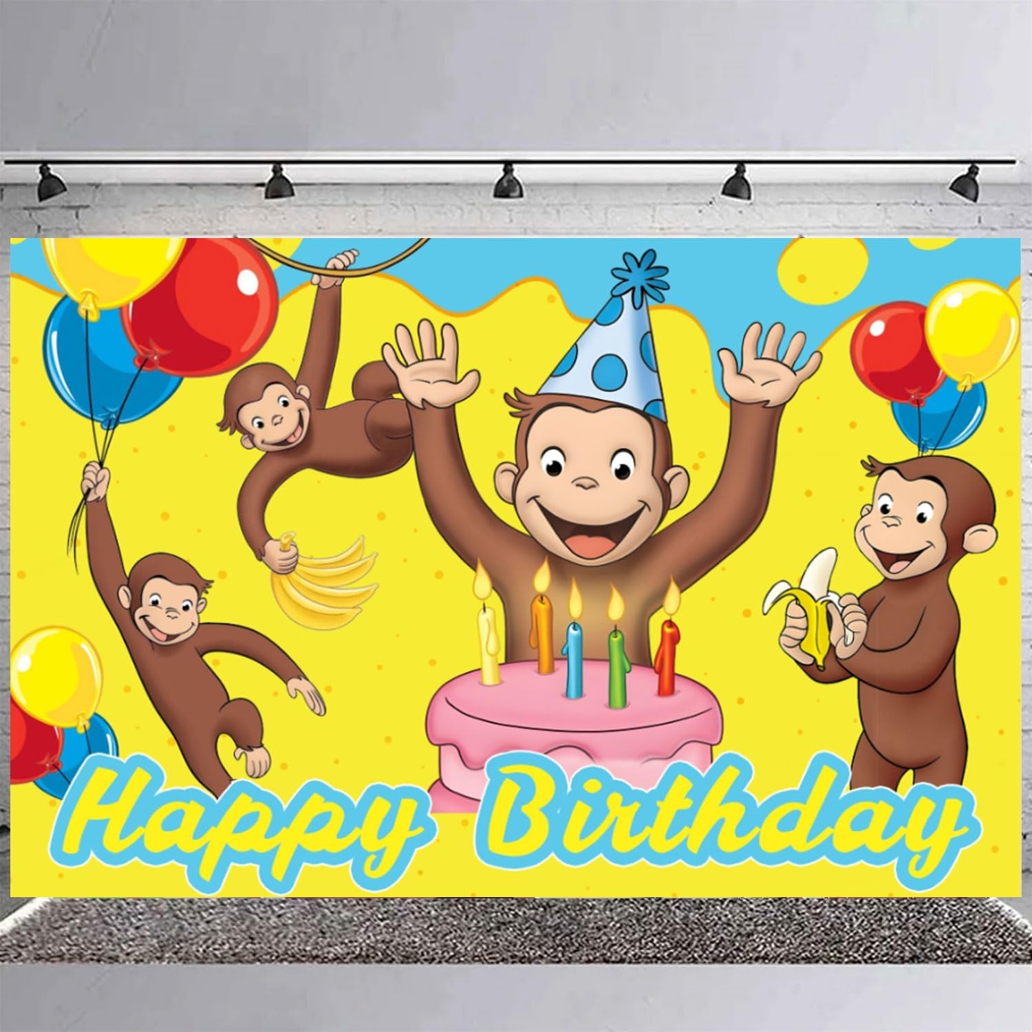 George Monkey Backdrop 5x3 Vinyl Cartoon Monkey Birthday Party Supplies Photography Background Picture Photoshoot Cake Table Decor Banner Shoot Drapes Poster