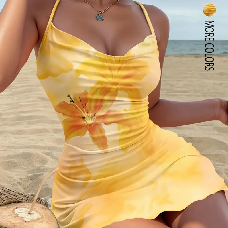 Elegant Women's Printed V-Neck Waist Cinched Strapless Dress, Casual Wear, Sexy Bodycon Fit, Perfect for Beach Party Dress, Beach Holiday Dress, Beach Vacation Travel, Summer