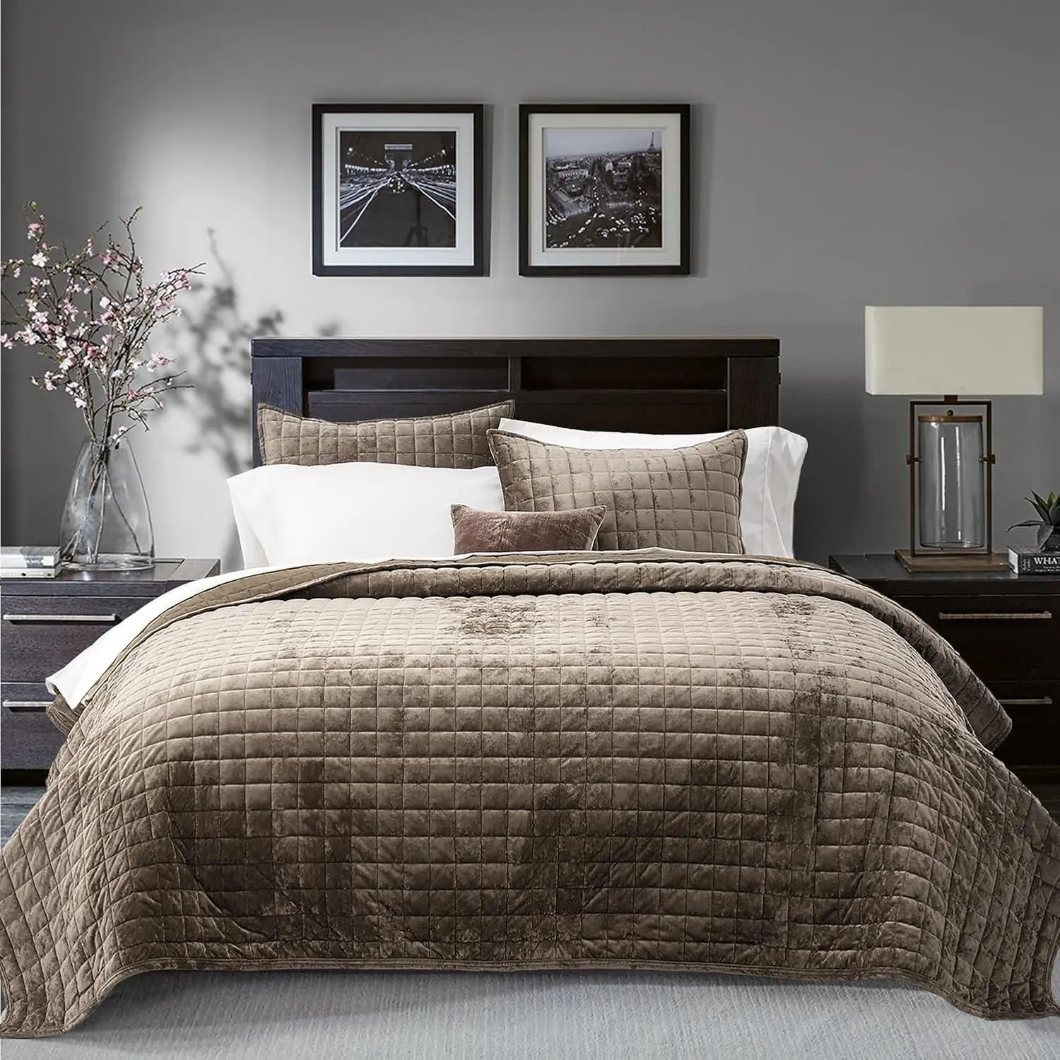 Channel Box Stitch Velvet Quilt Set, King Size, Mocha Brown | Ultra Soft Lightweight Velvet Comforter, Luxury Oversized Bedspread Coverlet, Quilted Bedding Set for All Season with 2 Shams