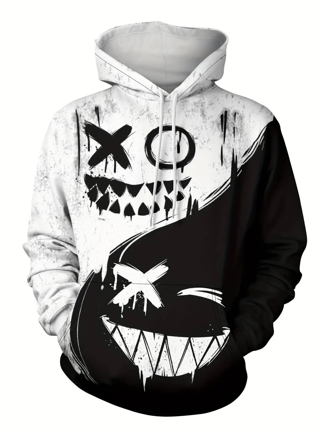 Unisex Half Devil Smile Hoodie, Digital Print Streetwear, Loose Fit Oversized Pullover, Trendy Graffiti Design