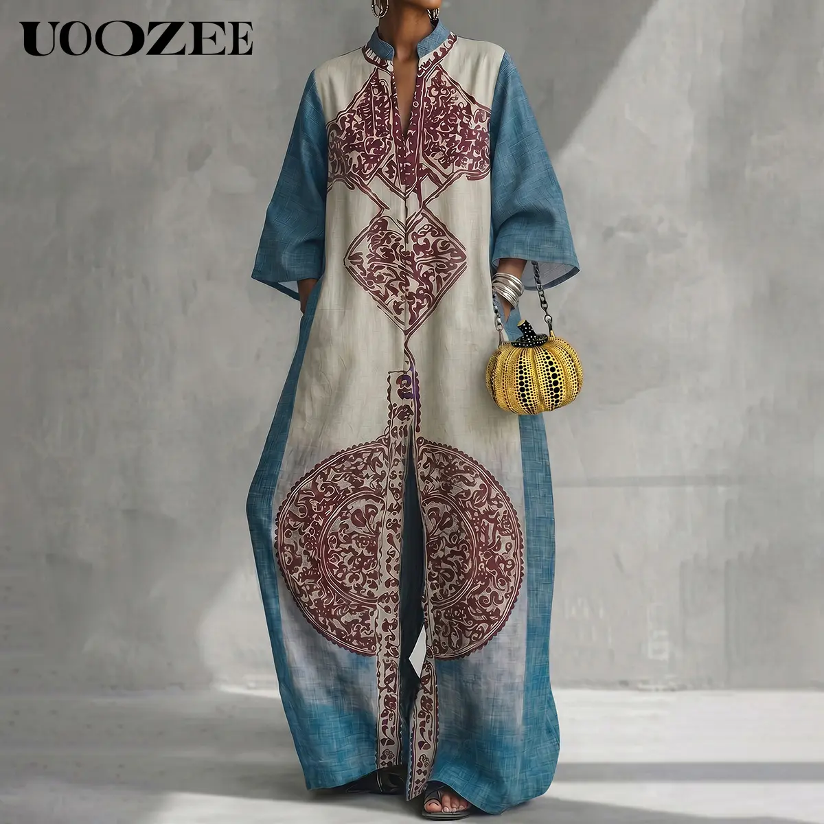 UOOZEE Women's Bohemian Jumpsuit, Lightweight Ethnic Print with Batwing Sleeves, Oversized Wide Leg with Pockets and Back Zipper for Tropical Vacation & Street Style, Overalls, Flat, Tassel, Jumpsuits For Women, Plussize, Mock Neck, 3/4 Sleeve
