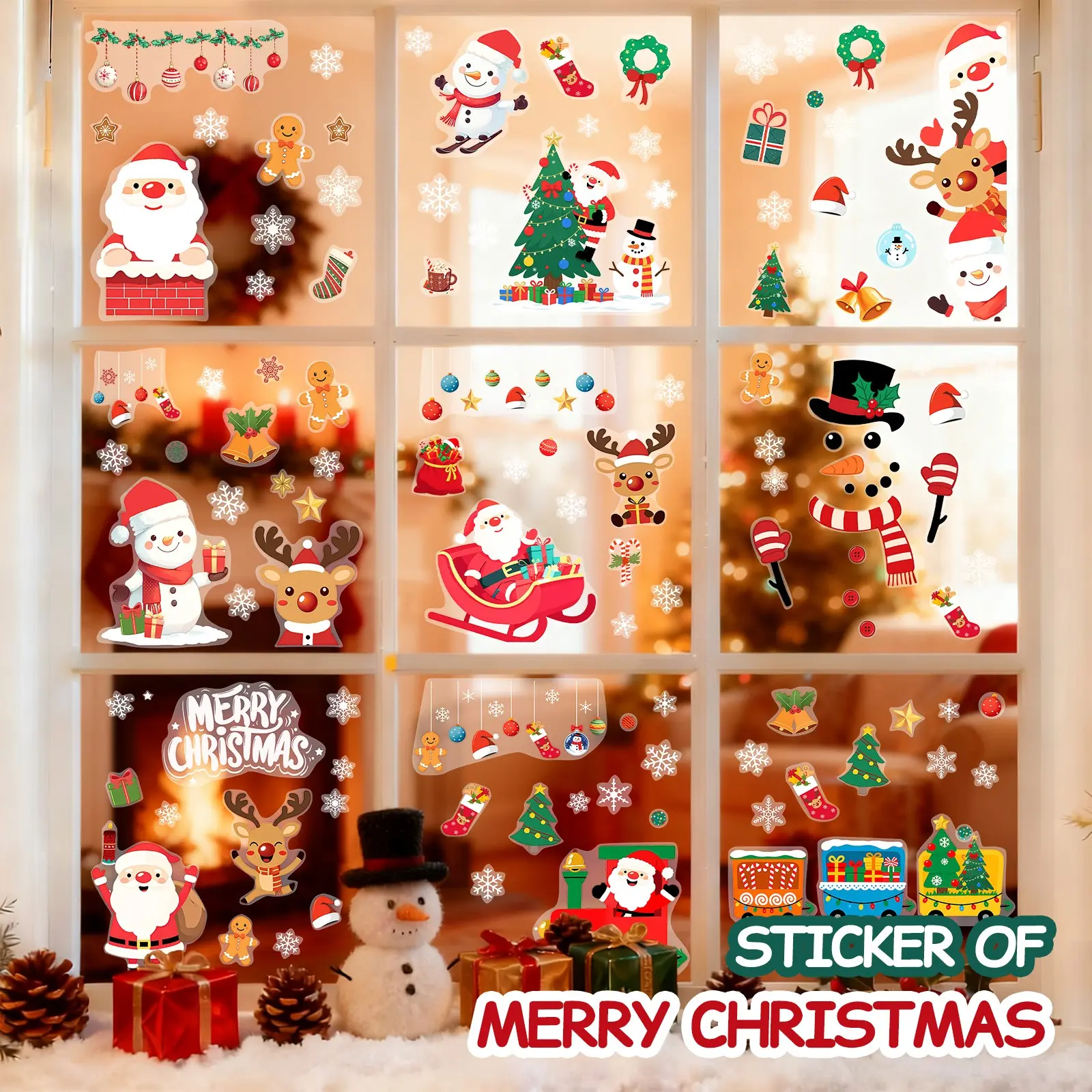 Christmas Static Cling Stickers Set, 9 Sheets 11.81x7.87 Inch, Pre-Cut Removable Holiday Window Decorations, No Residue