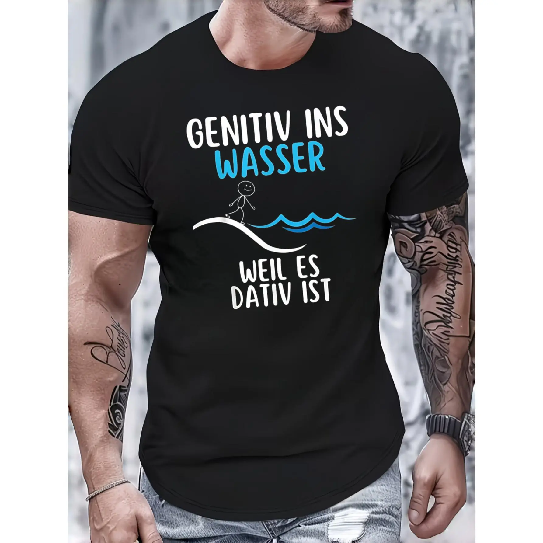 Unisex Breathable Short Sleeve Round Neck Streetwear T-Shirt - Simple Stylish Menswear German Grammar Joke Design, Summer Casual Wear, Party Gift For German Language Enthusiasts