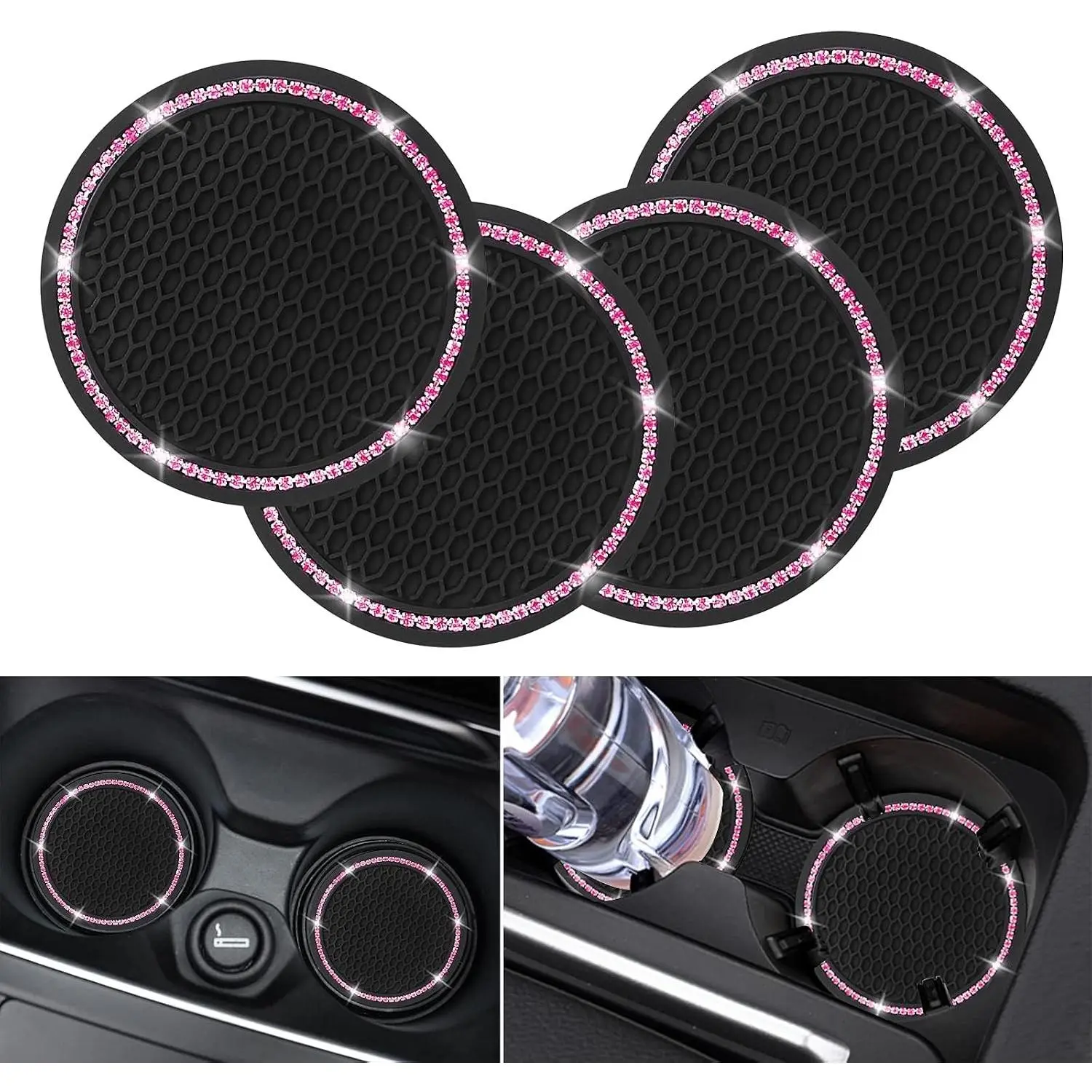4 Pack Car Coasters, Universal Vehicle Bling Car Coaster, Cute Rhinestone Coaster for Cup Holders,Interior Accessories 2.75'' Silicone Anti Slip Car Coasters for Women (Pink Crystal Circle)