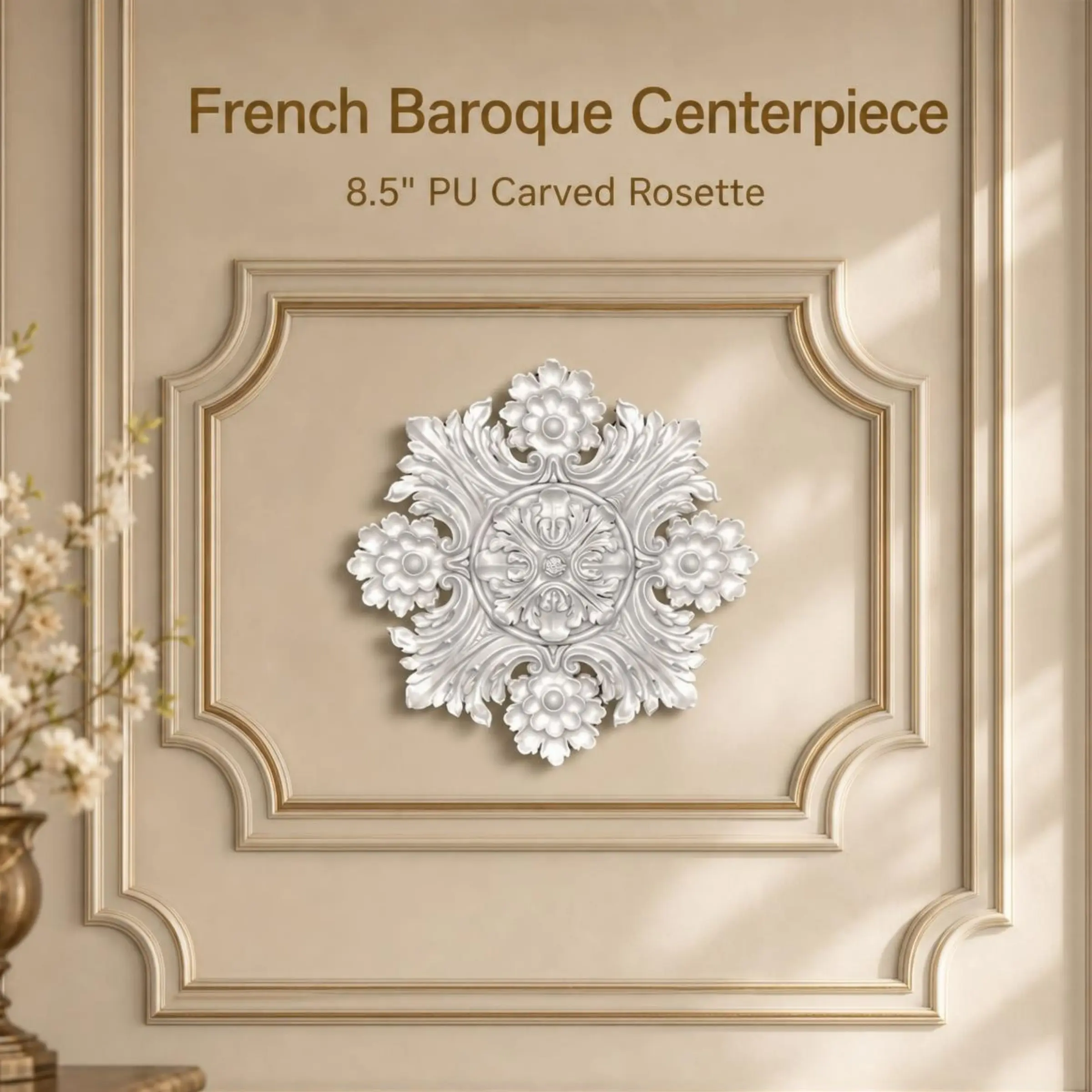 8.5" French Baroque PU Carved Round Medallion Decorative DIY Centerpiece | 3D Vintage Floral Rosette for Door Cabinet Ceiling DIY Makeover,OJ-G310