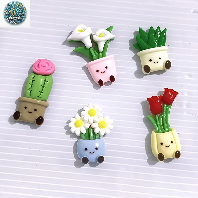 Kawaii Cute Potted Flowers Resin Fridge Magnets with Magnetic Base - Set of 5 for Camping, Hiking Hammock Site Kitchen & Home Decoration