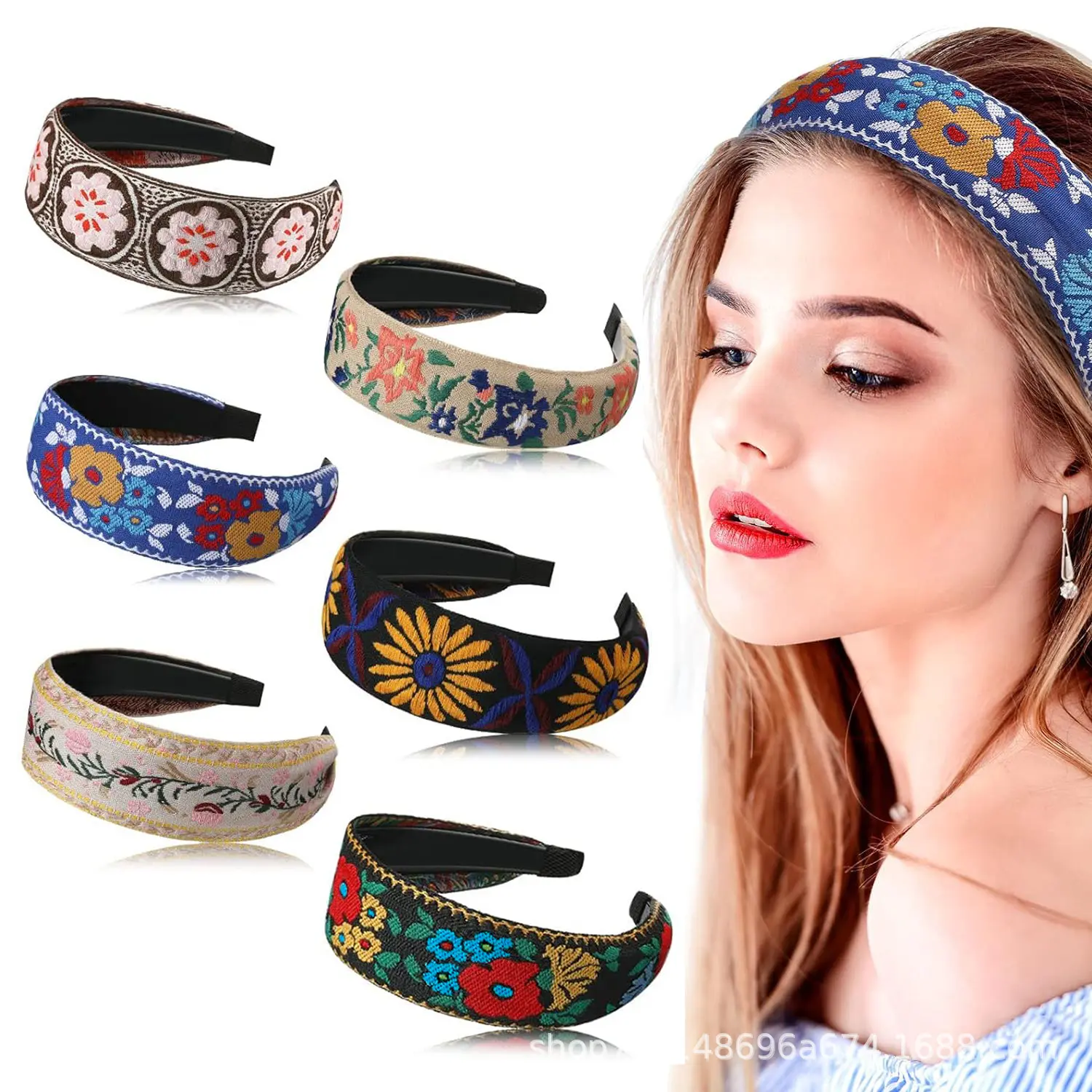 Boho Ethnic Wide Embroidered Headbands for Women Handmade Vintage Bohemian Hair Hoops Elegant Daily Vacation Hair Accessories, Daily Wear, Elegant Look, Wide Band