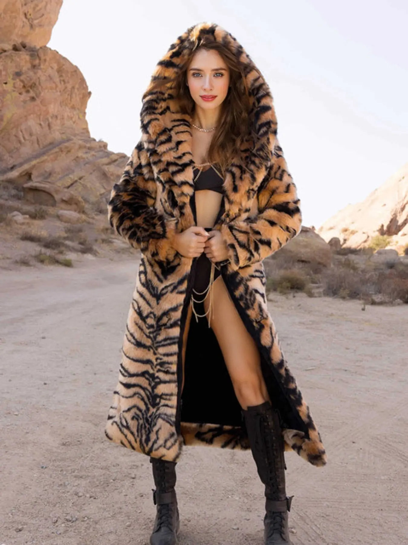 Women's Elegant Unique Tiger‑Print Hooded Midi Faux Fur Coat, Luxury Plush Fall‑Winter Outerwear for Party & Street Style Outfits
