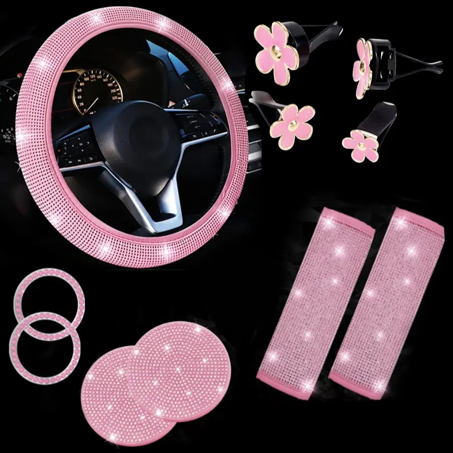 Luxury Shiny Car Interior Set, 11-Piece Automotive Decorative Accessories, Rhinestone Material, Universal Steering Wheel Covers, Cup Mats, Air Vent Clips, Car Interior Decoration, Vehicle Decor, Car Decorations Interior